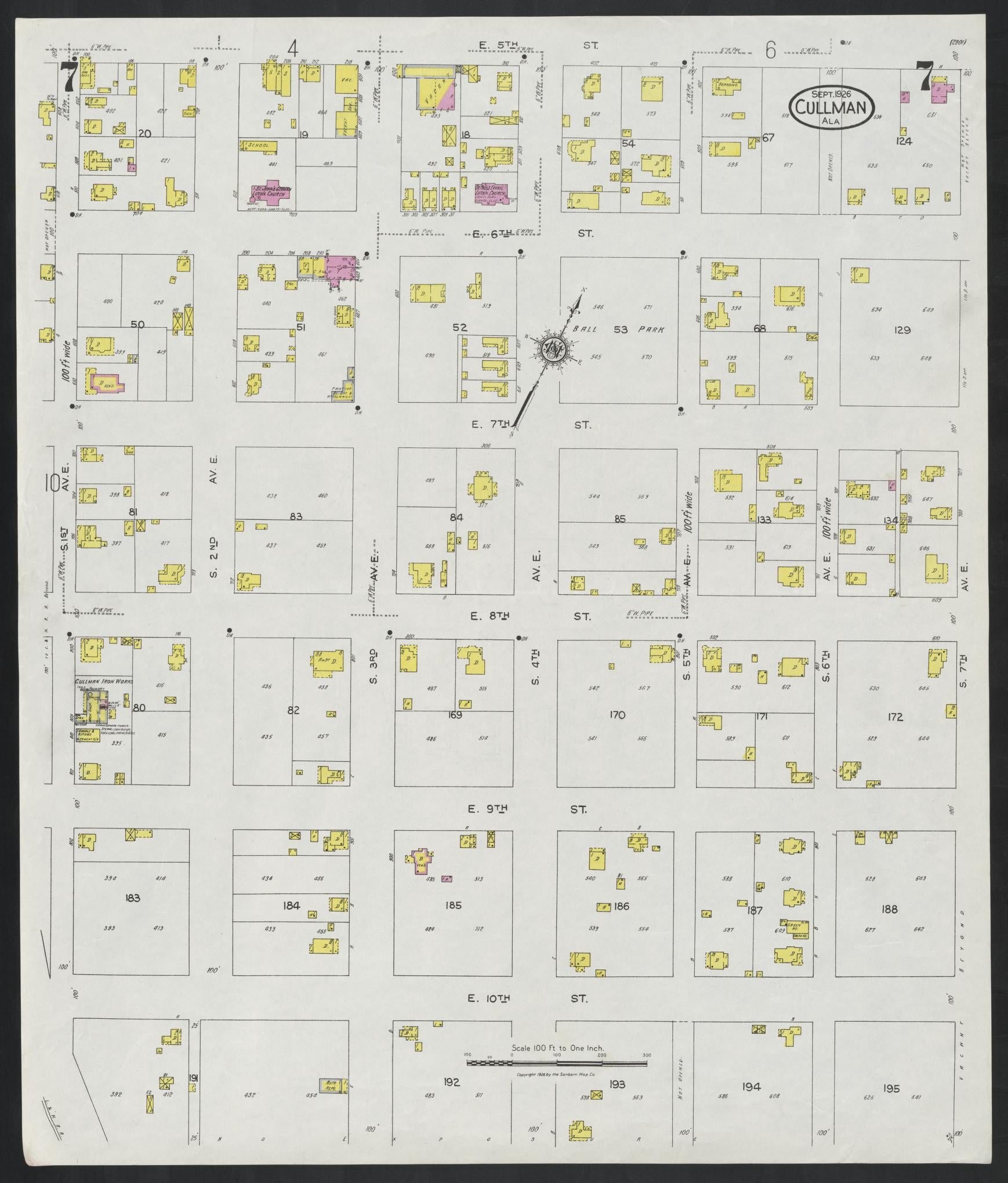 Sanborn Fire Insurance Map from Cullman, Cullman County, Alabama (1926), Sheet #0007 - Complete Map Set gallery image, historic Sanborn map, vintage wall art, Alabama Alabama