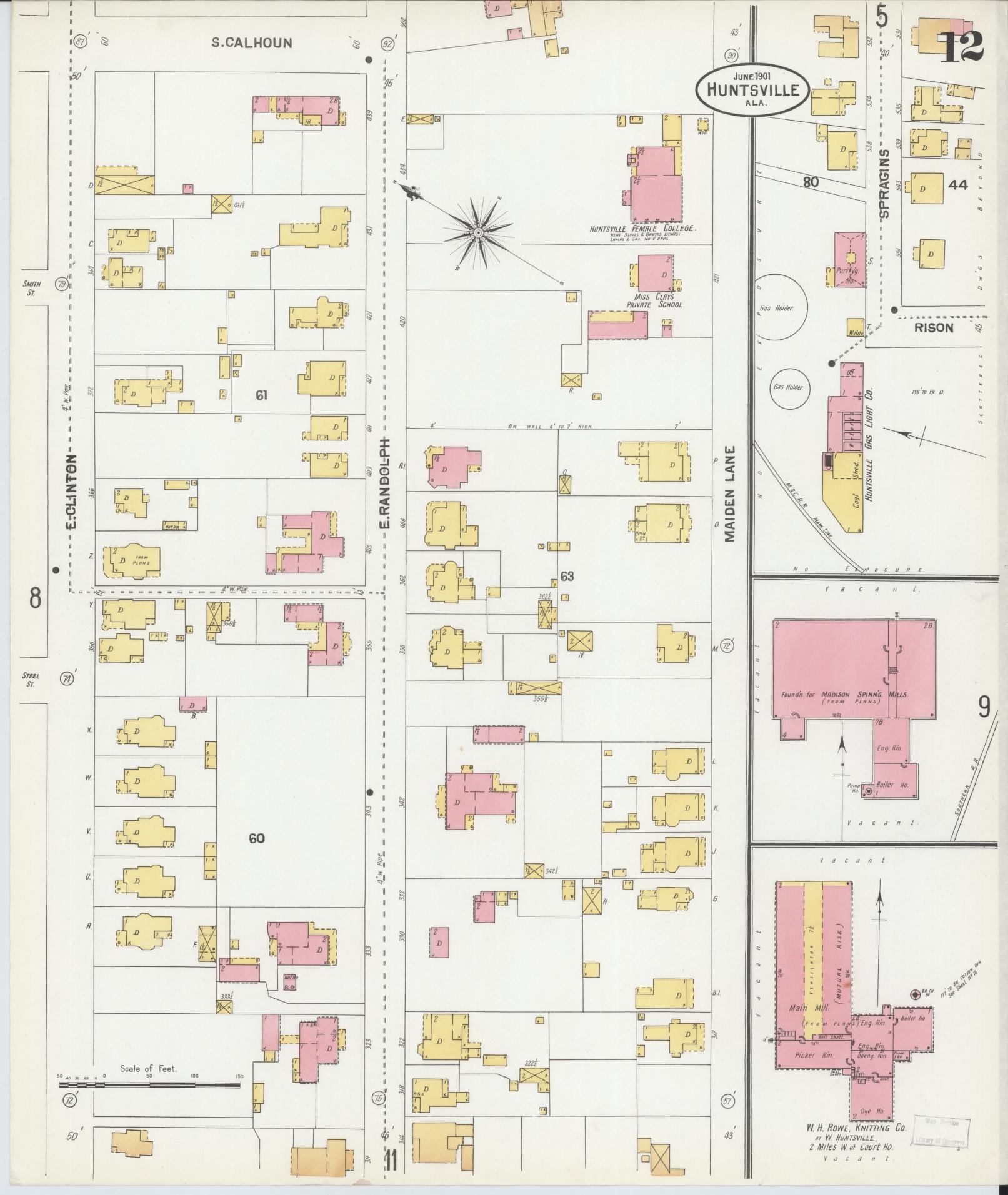 Sanborn Fire Insurance Map from Huntsville, Madison County, Alabama (1901), Sheet #0012 - Complete Map Set gallery image, historic Sanborn map, vintage wall art, Alabama Alabama