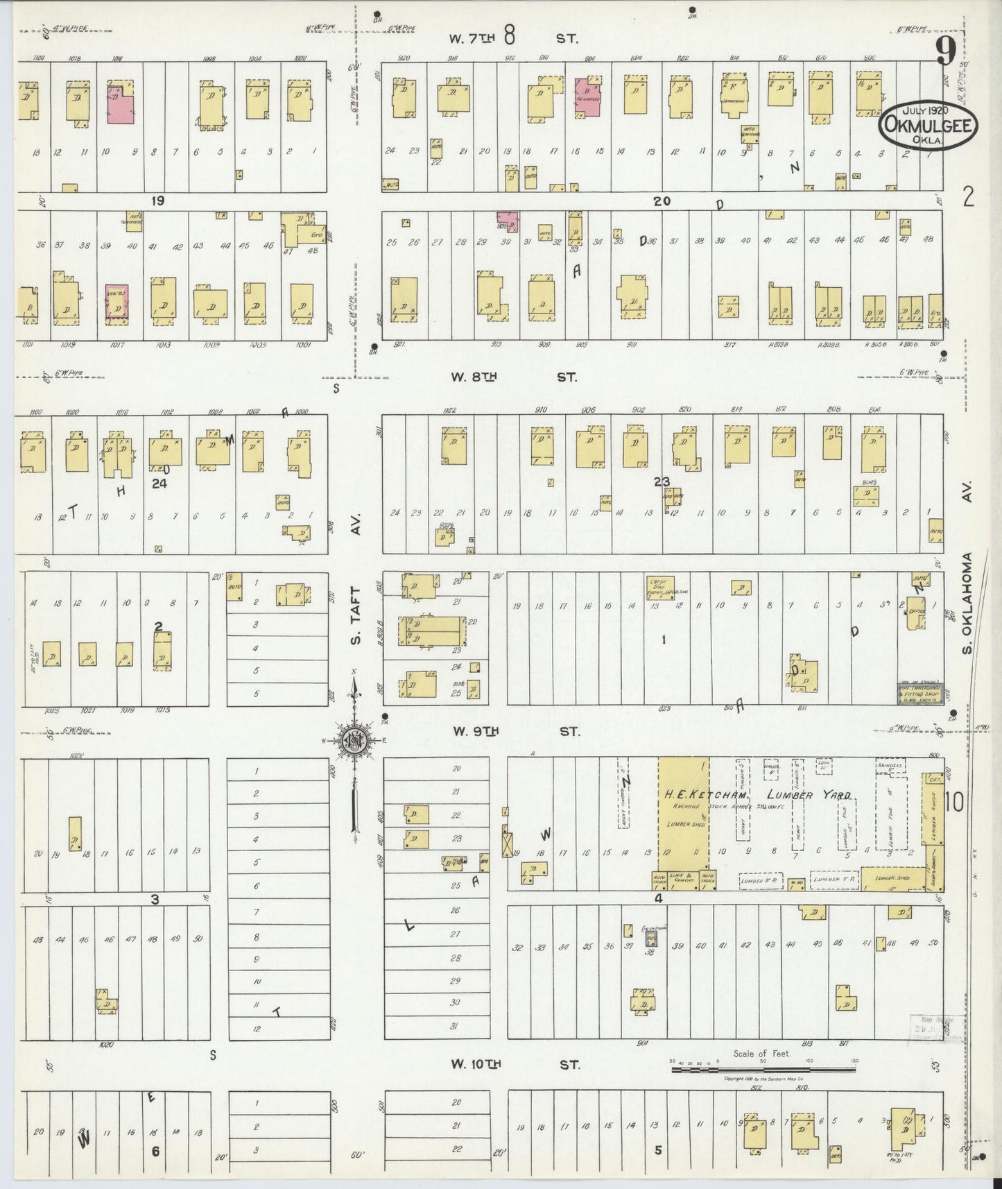 Sanborn Fire Insurance Map from Okmulgee, Okmulgee County, Oklahoma (1920), Sheet #0009 - Complete Map Set gallery image, historic Sanborn map, vintage wall art, Oklahoma Oklahoma