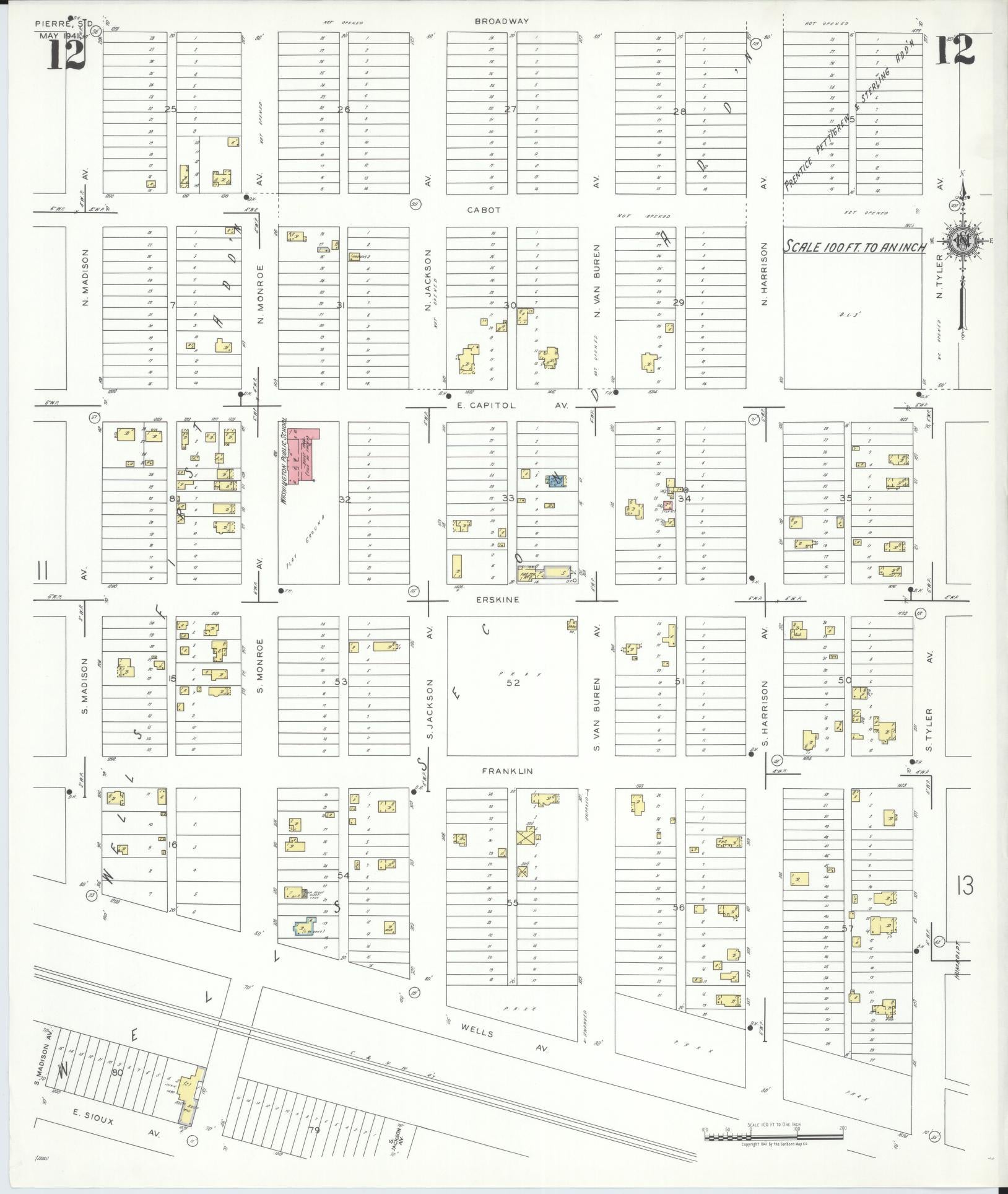 Sanborn Fire Insurance Map from Pierre, Hughes County, South Dakota (1941), Sheet #0012 - Historic Sanborn Fire Insurance Map Print, vintage old map wall art, antique decor, genealogy gift, South Dakota South Dakota map