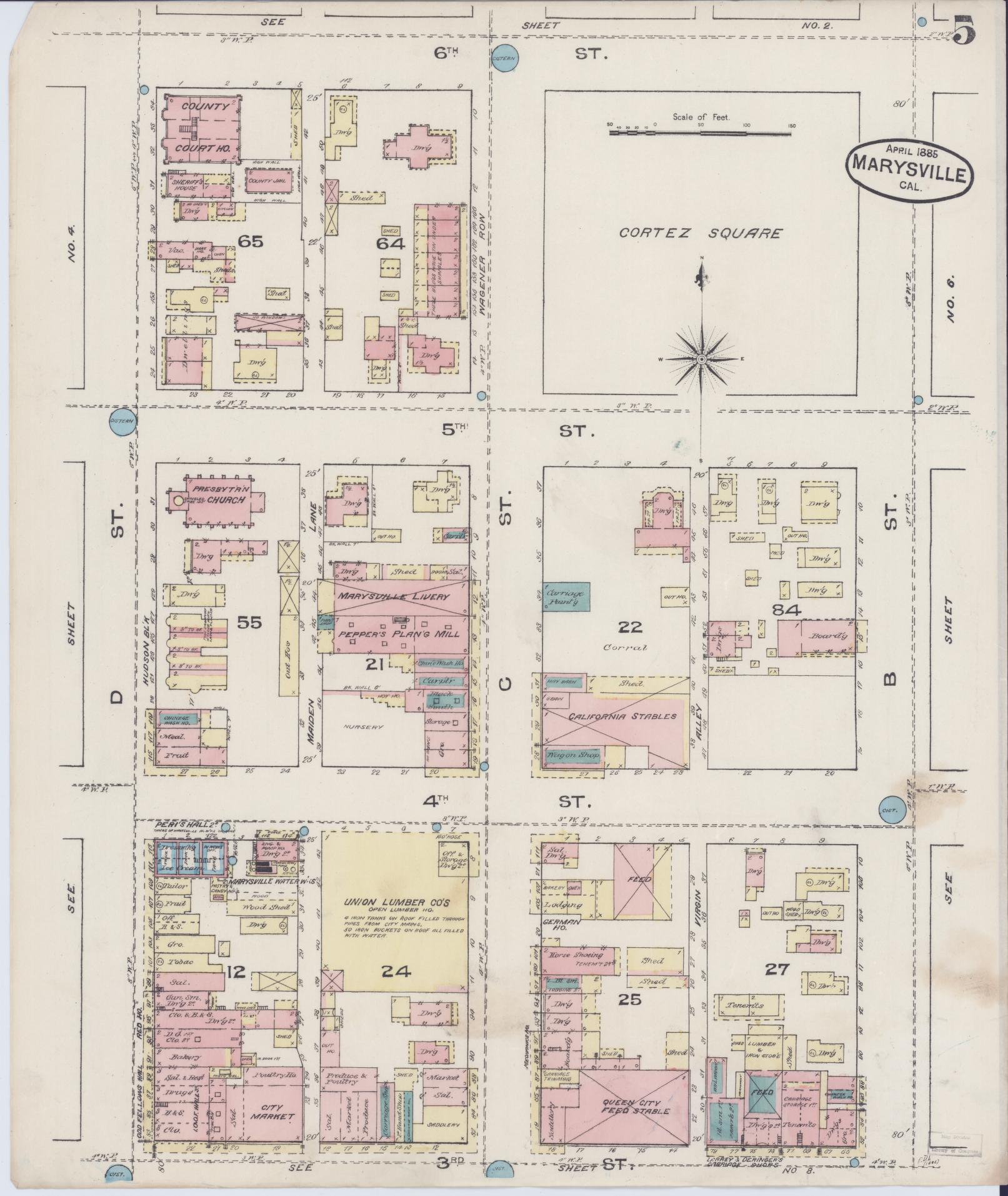 Sanborn Fire Insurance Map from Marysville, Yuba County, California (1885), Sheet #0005 - Historic Sanborn Fire Insurance Map Print, vintage old map wall art, antique decor, genealogy gift, California California map