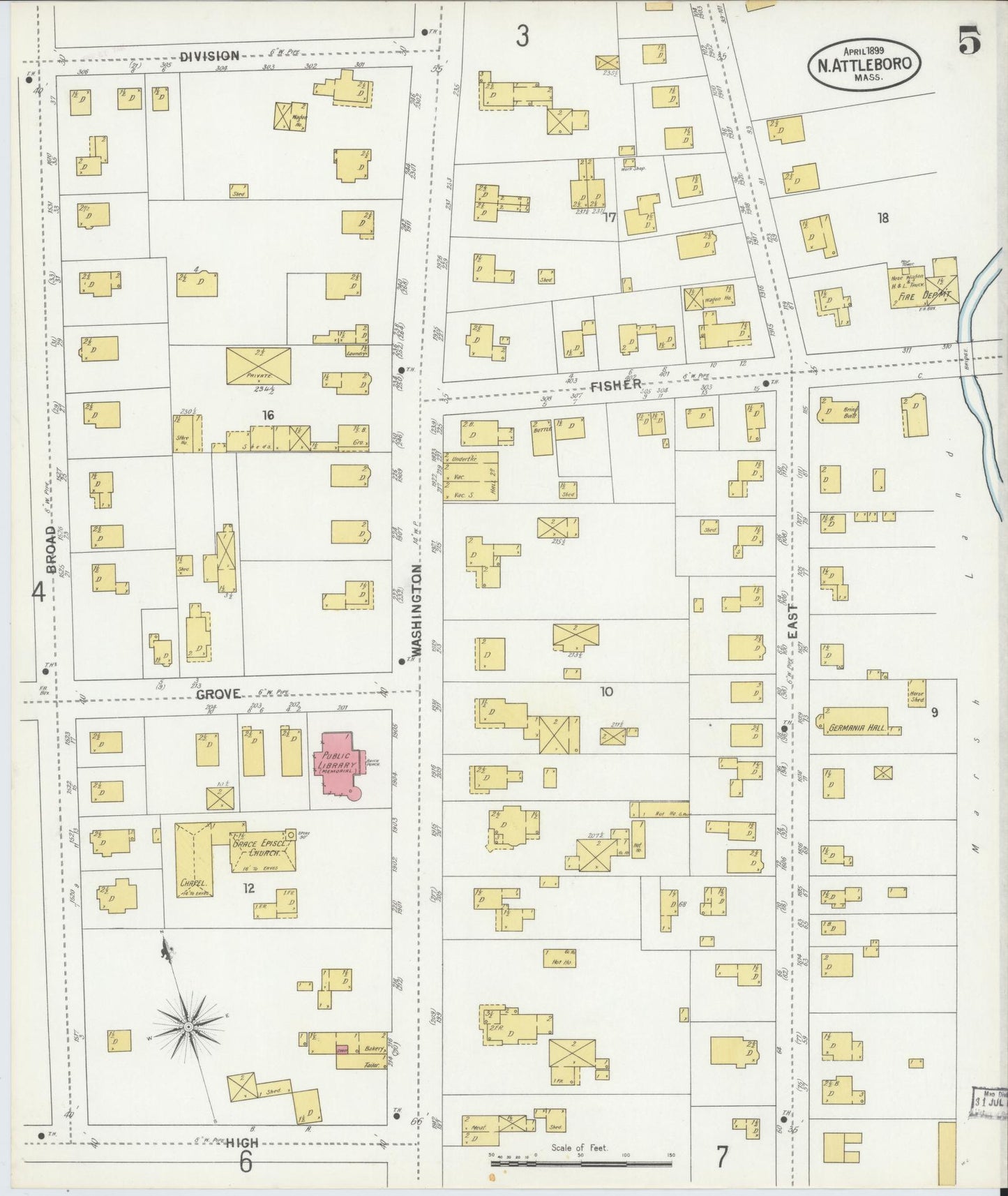 Sanborn Fire Insurance Map from North Attleborough, Bristol County, Massachusetts (1899), Sheet #0005 - Complete Map Set gallery image, historic Sanborn map, vintage wall art, Massachusetts Massachusetts