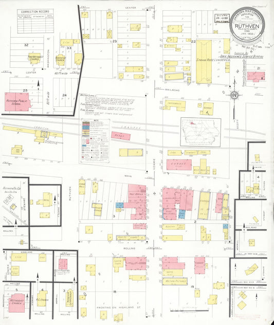 Sanborn Fire Insurance Map from Ruthven, Palo Alto County, Iowa (1933), Sheet #0001 - Historic Sanborn Fire Insurance Map Print, vintage old map wall art