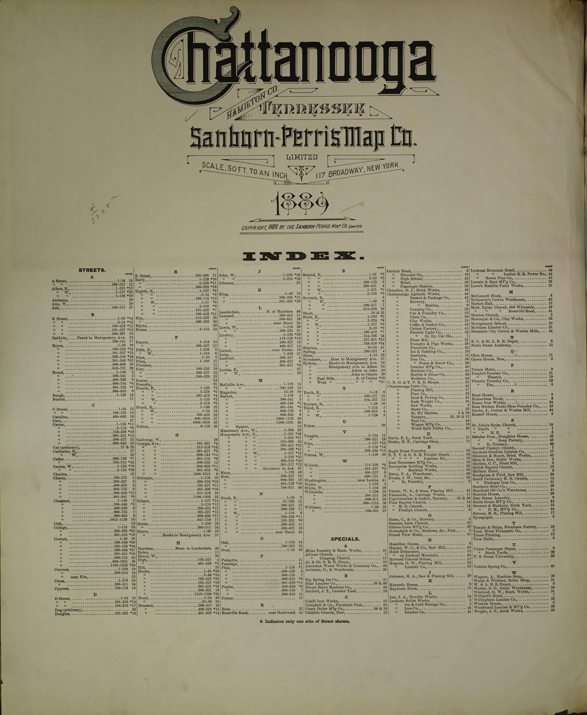 Sanborn Fire Insurance Map from Chattanooga, Hamilton County, Tennessee (1889), Sheet #0001 - Historic Sanborn Fire Insurance Map Print, vintage old map wall art, antique decor, genealogy gift, Tennessee Tennessee map