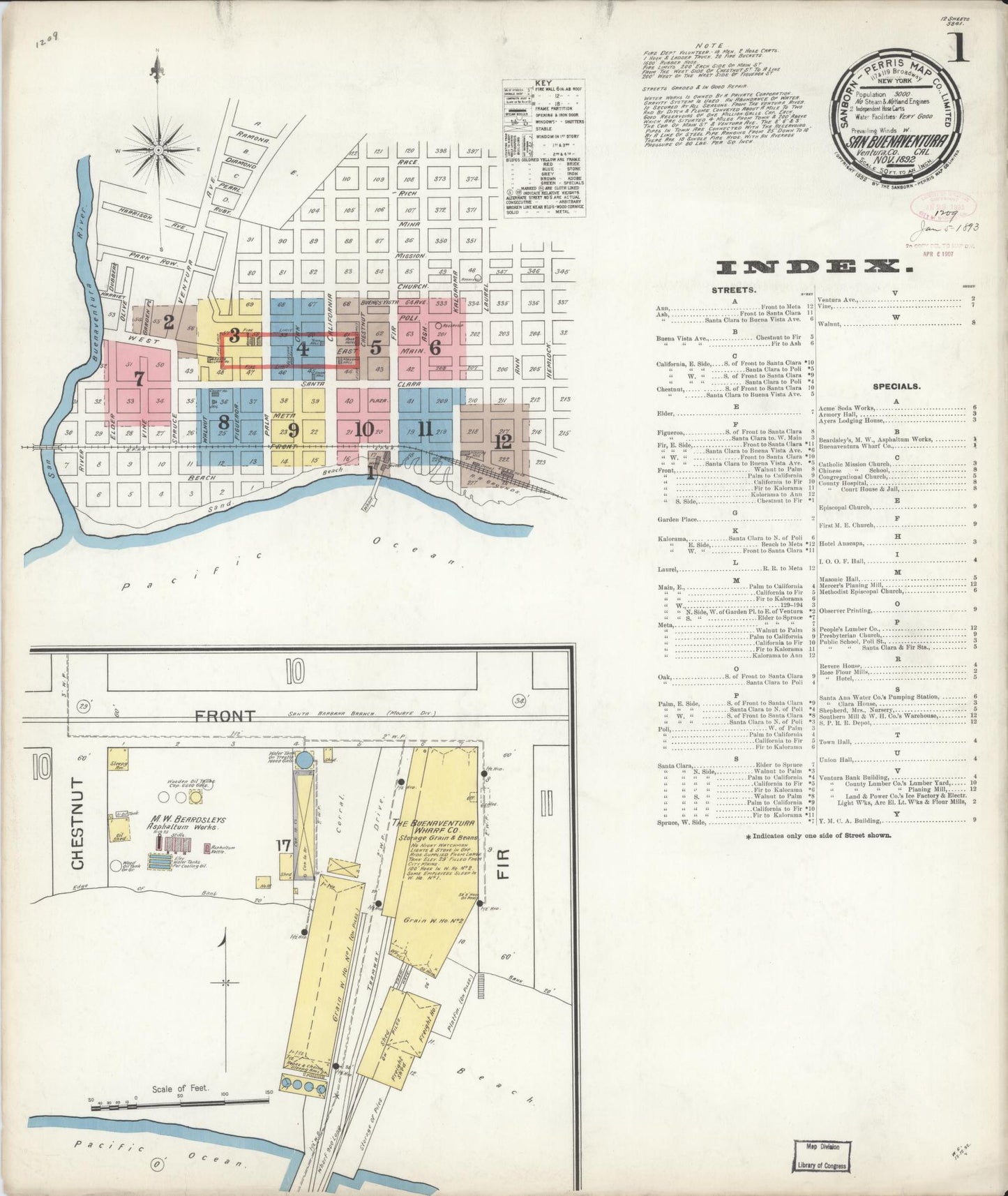 Sanborn Fire Insurance Map from San Buenaventura, Ventura County, California (1892), Sheet #0001 - Complete Map Set gallery image, historic Sanborn map, vintage wall art, California California