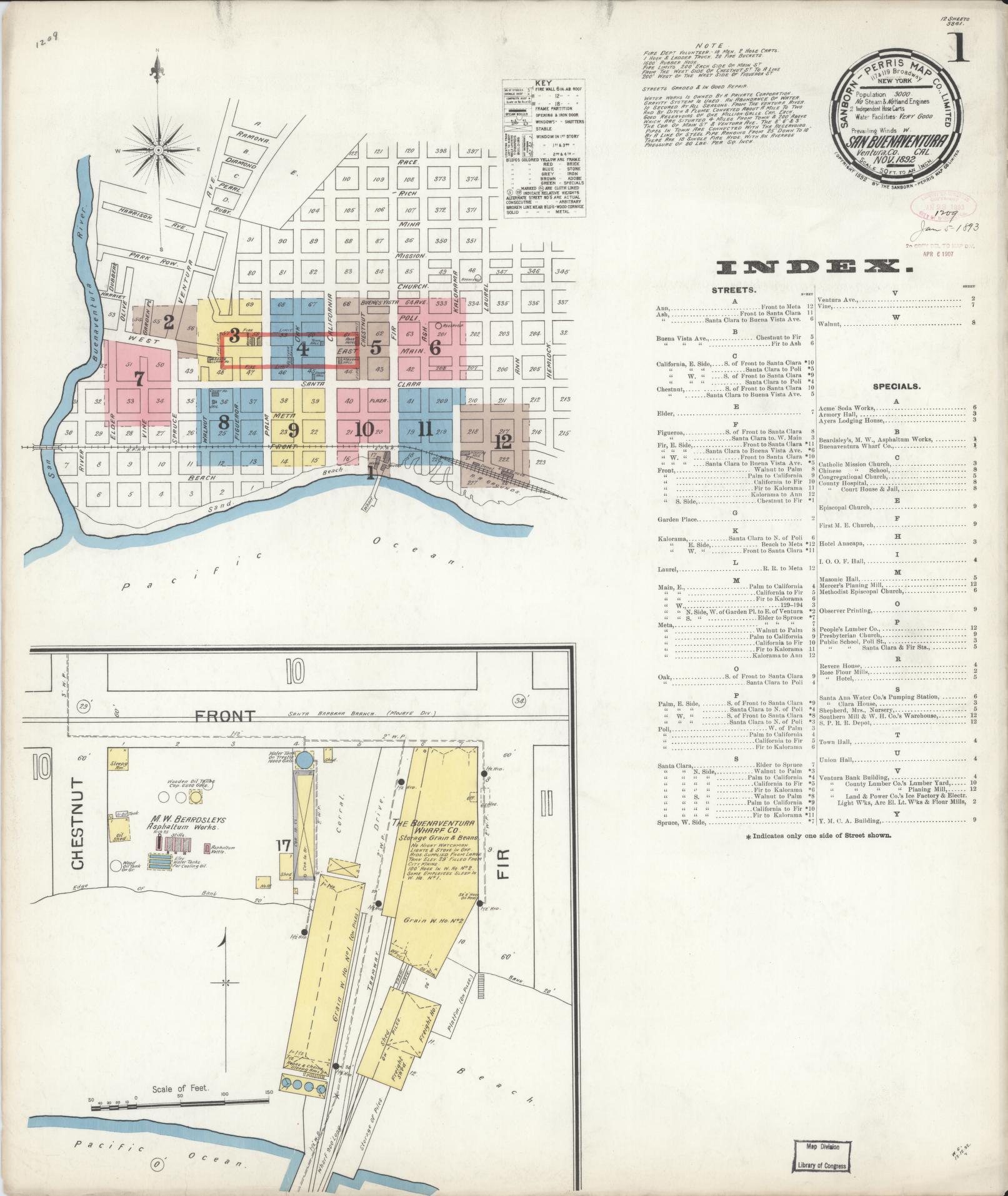 Sanborn Fire Insurance Map from San Buenaventura, Ventura County, California (1892), Sheet #0001 - Complete Map Set gallery image, historic Sanborn map, vintage wall art, California California