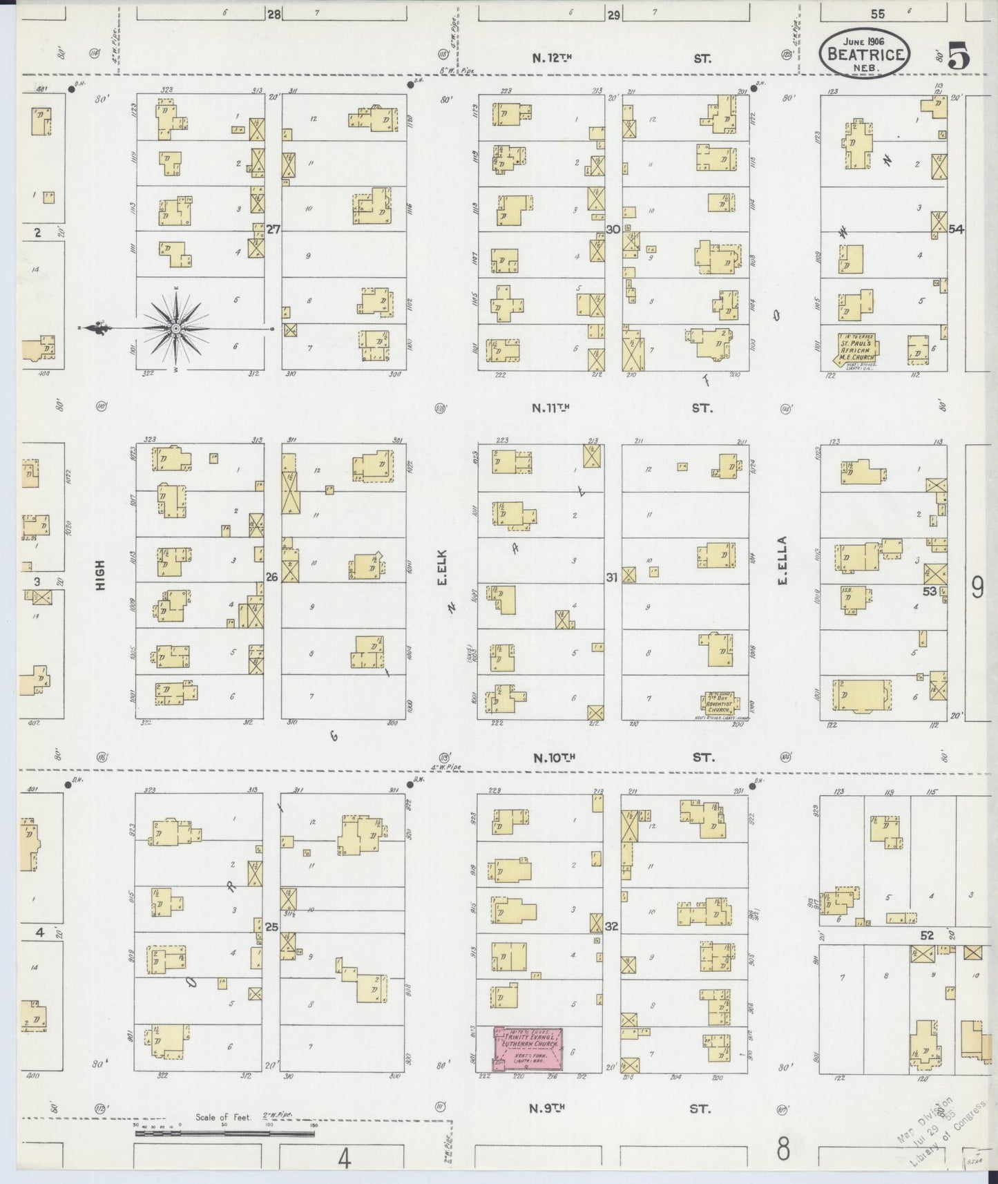 Sanborn Fire Insurance Map from Beatrice, Gage County, Nebraska (1906), Sheet #0005 - Complete Map Set gallery image, historic Sanborn map, vintage wall art, Nebraska Nebraska
