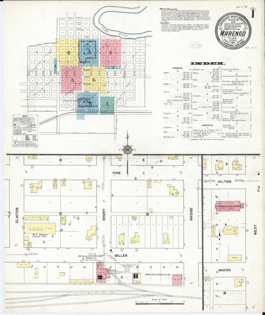 Sanborn Fire Insurance Map from Marengo, Iowa County, Iowa (1911), Sheet #0001 - Historic Sanborn Fire Insurance Map Print, vintage old map wall art