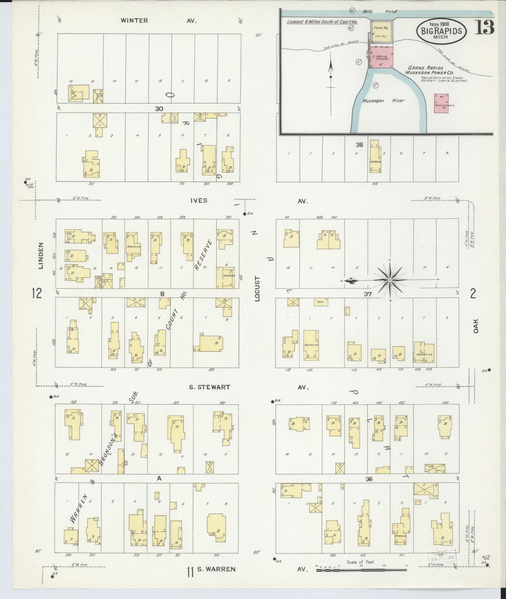 Sanborn Fire Insurance Map from Big Rapids, Mecosta County, Michigan (1908), Sheet #0013 - Historic Sanborn Fire Insurance Map Print, vintage old map wall art, antique decor, genealogy gift, Michigan Michigan map