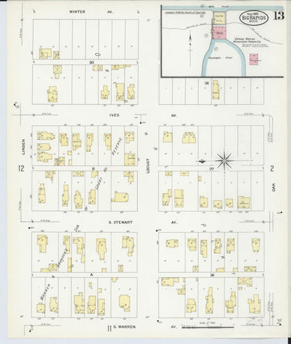 Sanborn Fire Insurance Map from Big Rapids, Mecosta County, Michigan (1908), Sheet #0013 - Historic Sanborn Fire Insurance Map Print, vintage old map wall art, antique decor, genealogy gift, Michigan Michigan map