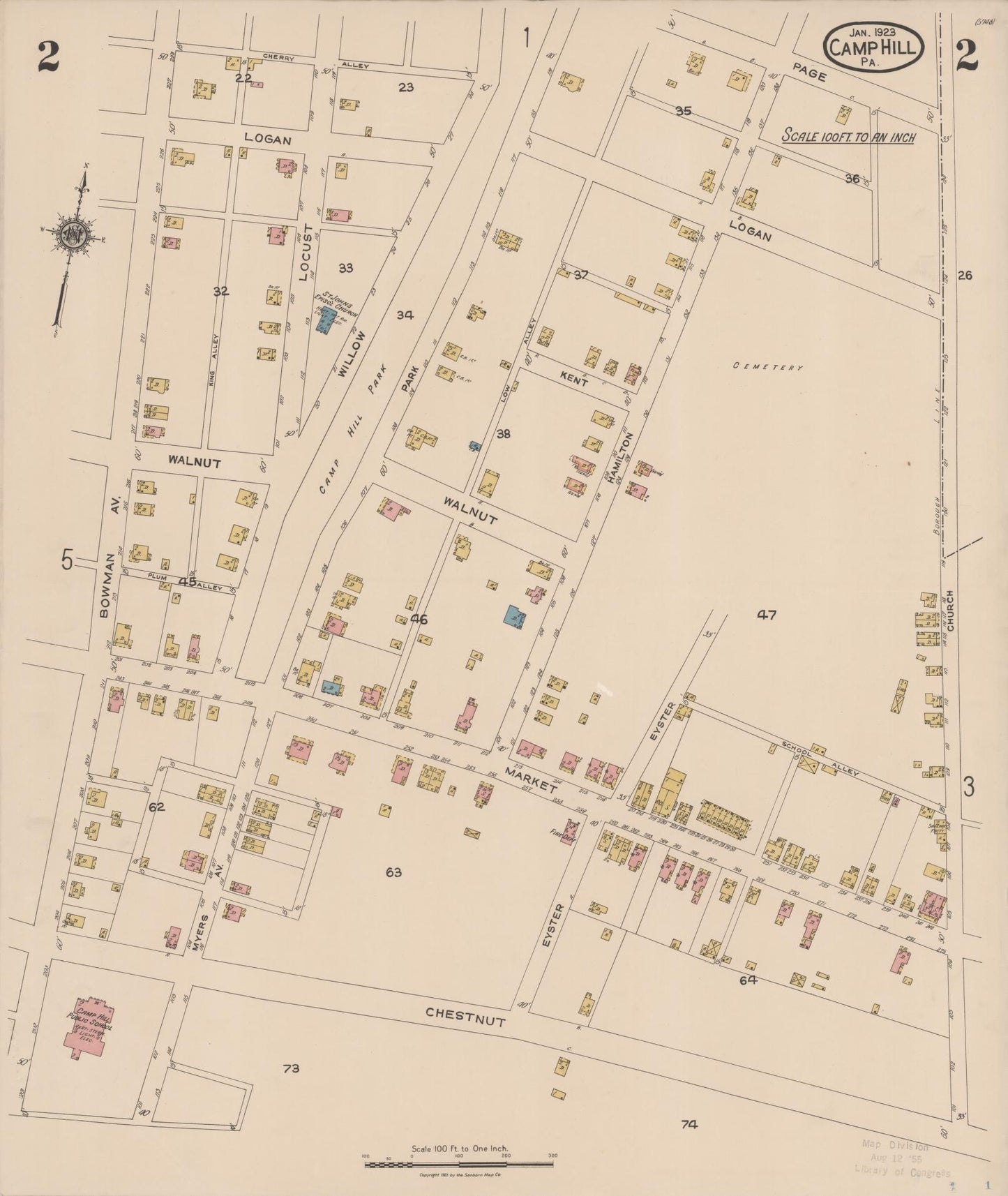 Sanborn Fire Insurance Map from Camp Hill, Cumberland County, Pennsylvania (1923), Sheet #0002 - Historic Sanborn Fire Insurance Map Print, vintage old map wall art, antique decor, genealogy gift, Pennsylvania Pennsylvania map