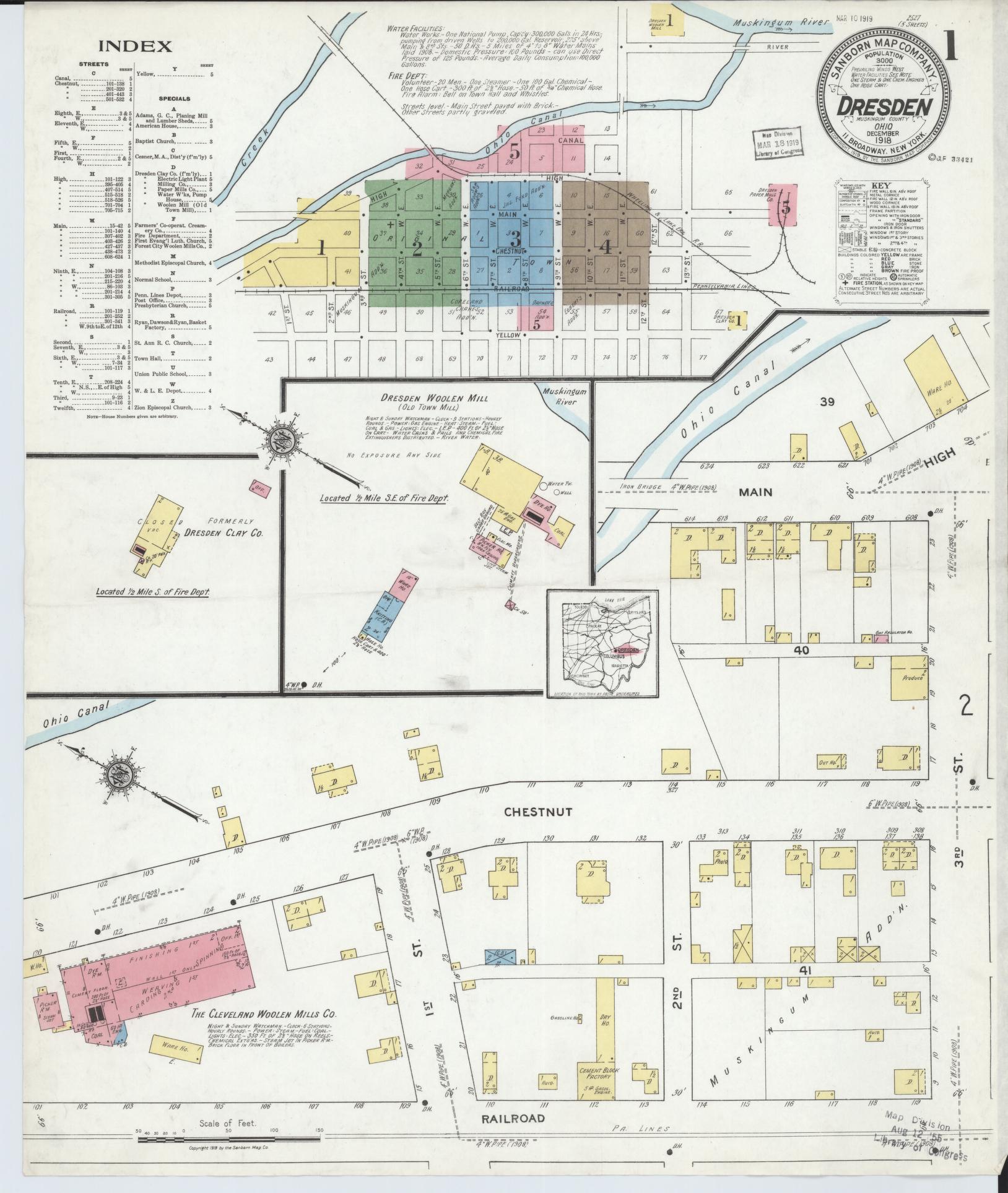 Sanborn Fire Insurance Map from Dresden, Muskingum County, Ohio (1918), Sheet #0001 - Complete Map Set gallery image, historic Sanborn map, vintage wall art, Ohio Ohio