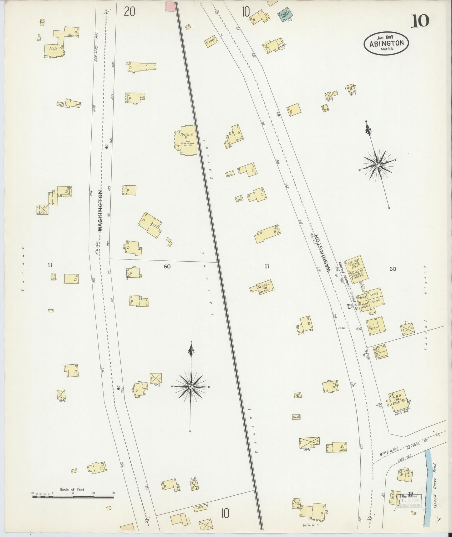 Sanborn Fire Insurance Map from Abington, Plymouth County, Massachusetts (1907), Sheet #0010 - Complete Map Set gallery image, historic Sanborn map, vintage wall art, Massachusetts Massachusetts