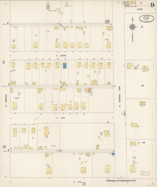 Sanborn Fire Insurance Map from Lodi, San Joaquin County, California (1916), Sheet #0009 - Historic Sanborn Fire Insurance Map Print, vintage old map wall art, antique decor, genealogy gift, California California map