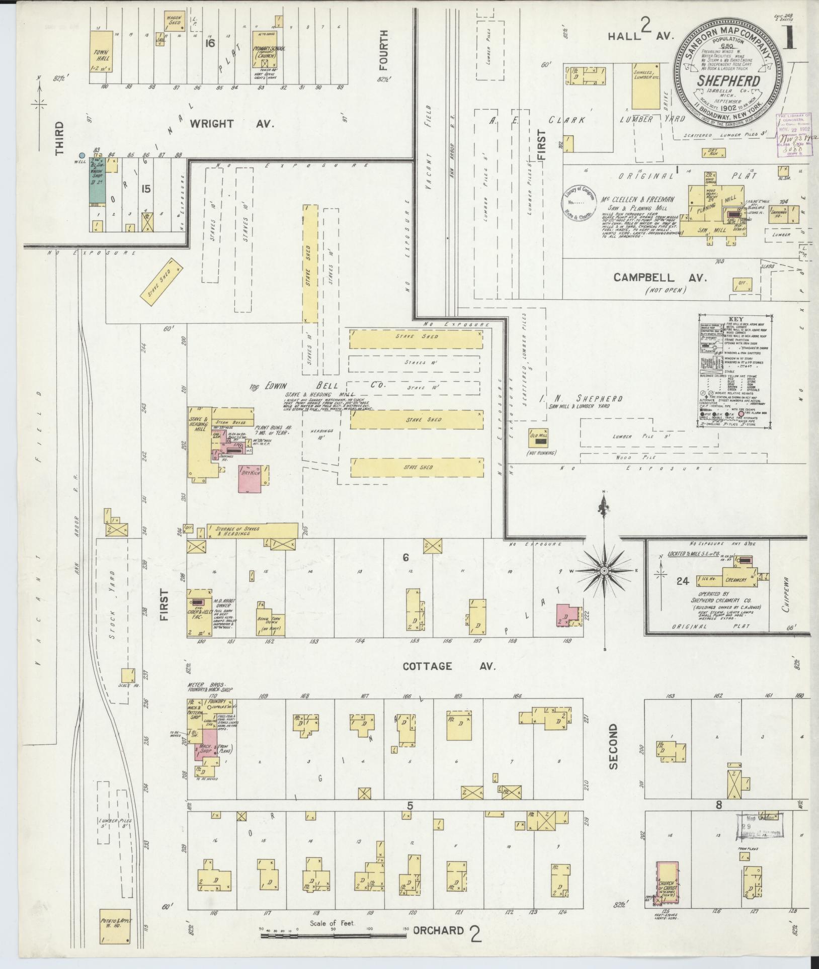Sanborn Fire Insurance Map from Shepherd, Isabella County, Michigan (1902), Sheet #0001 - Complete Map Set gallery image, historic Sanborn map, vintage wall art, Michigan Michigan