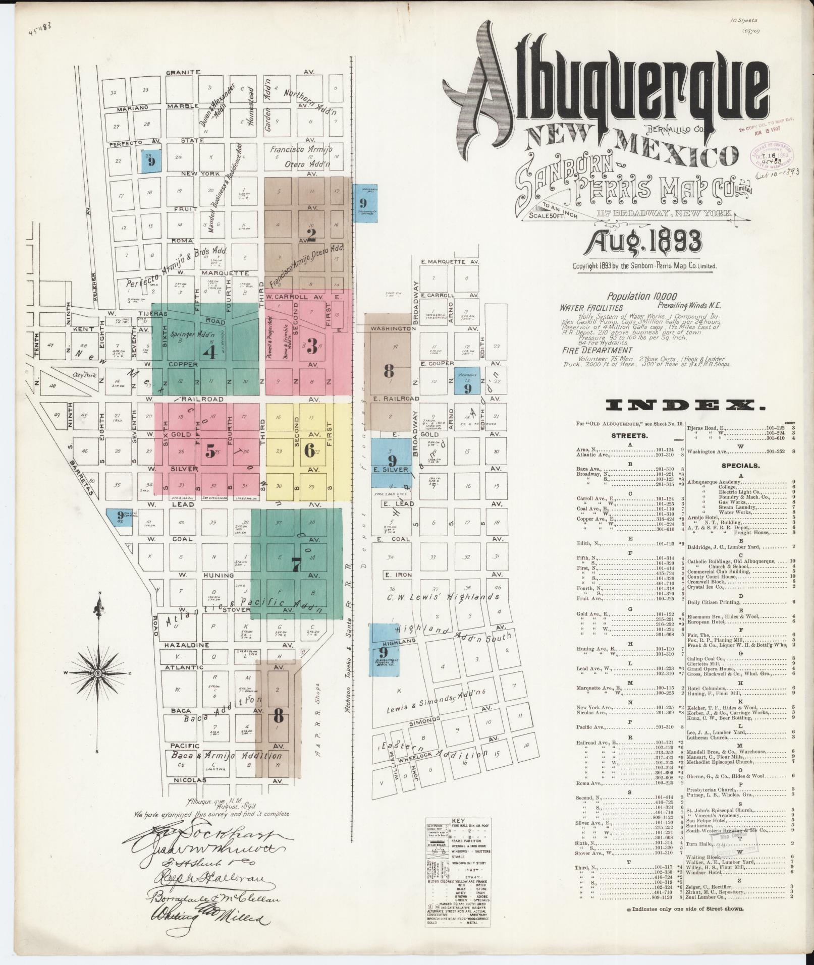 Sanborn Fire Insurance Map from Albuquerque, Bernalillo County, New Mexico (1893), Sheet #0001 - Historic Sanborn Fire Insurance Map Print, vintage old map wall art, antique decor, genealogy gift, New Mexico New Mexico map