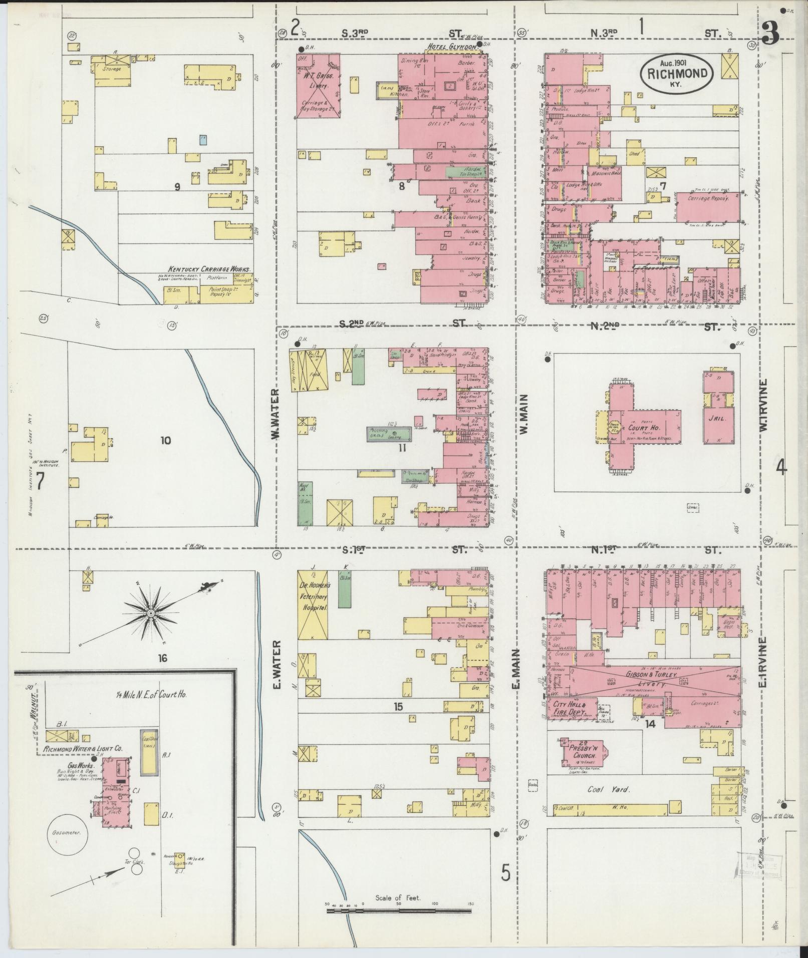 Sanborn Fire Insurance Map from Richmond, Madison County, Kentucky (1901), Sheet #0003 - Historic Sanborn Fire Insurance Map Print, vintage old map wall art, antique decor, genealogy gift, Kentucky Kentucky map