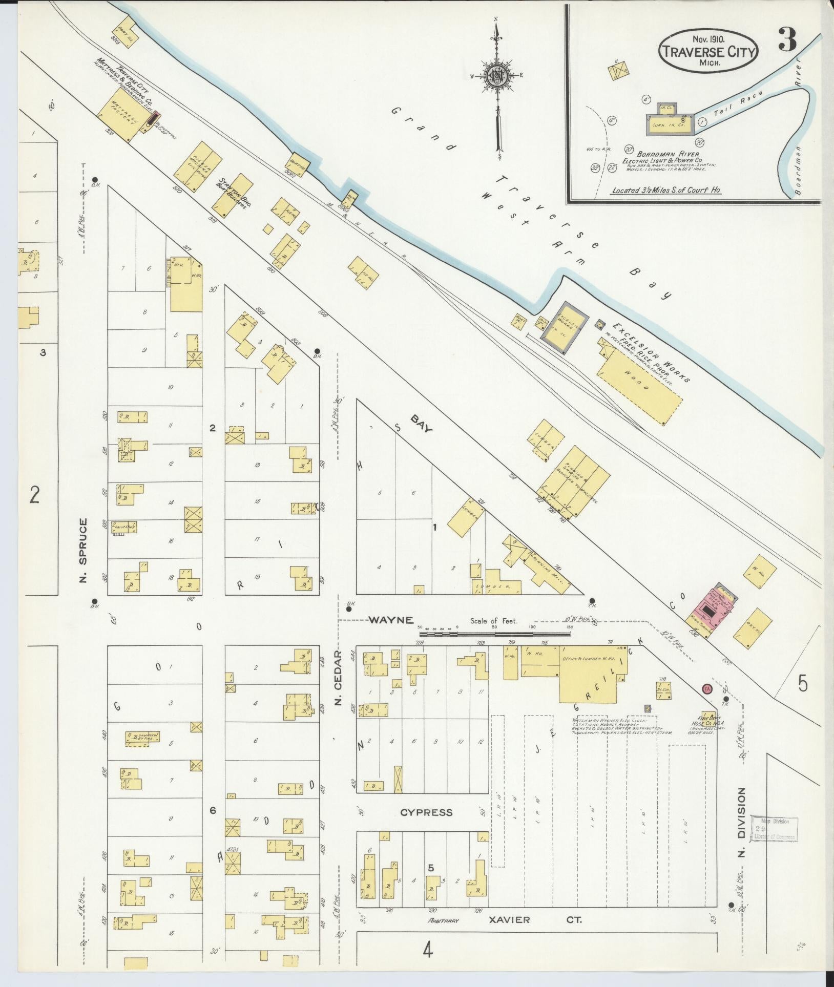 Sanborn Fire Insurance Map from Traverse City, Grand Traverse County, Michigan (1910), Sheet #0003 - Historic Sanborn Fire Insurance Map Print, vintage old map wall art, antique decor, genealogy gift, Michigan Michigan map