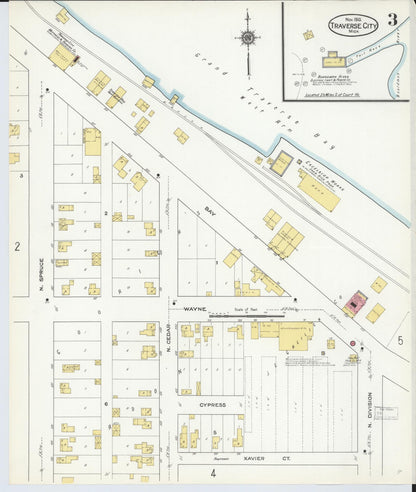 Sanborn Fire Insurance Map from Traverse City, Grand Traverse County, Michigan (1910), Sheet #0003 - Historic Sanborn Fire Insurance Map Print, vintage old map wall art, antique decor, genealogy gift, Michigan Michigan map