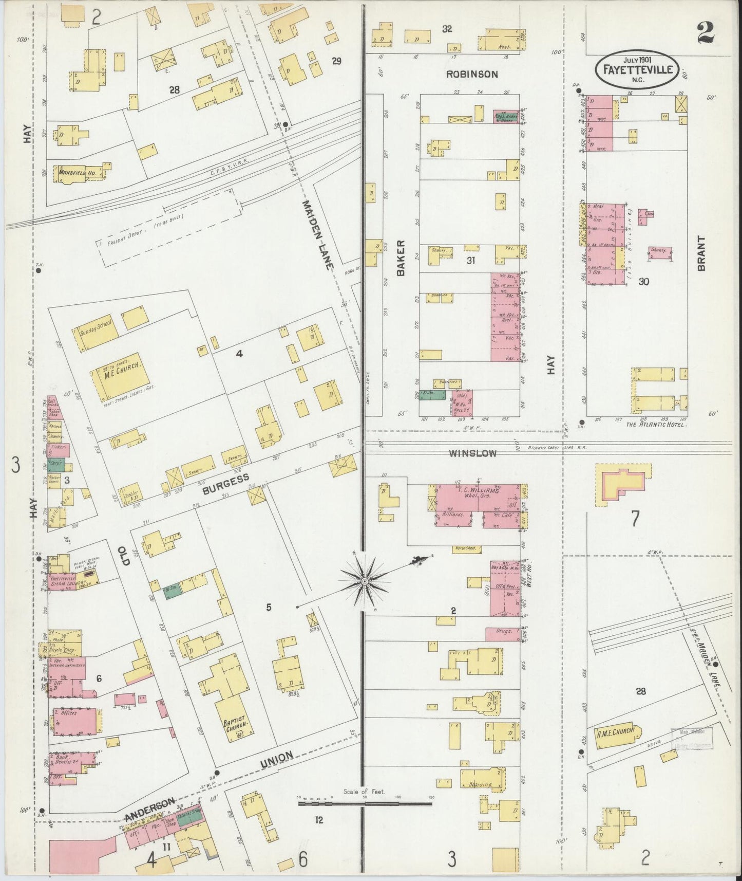Sanborn Fire Insurance Map from Fayetteville, Cumberland County, North Carolina (1901), Sheet #0002 - Complete Map Set gallery image, historic Sanborn map, vintage wall art, North Carolina North Carolina