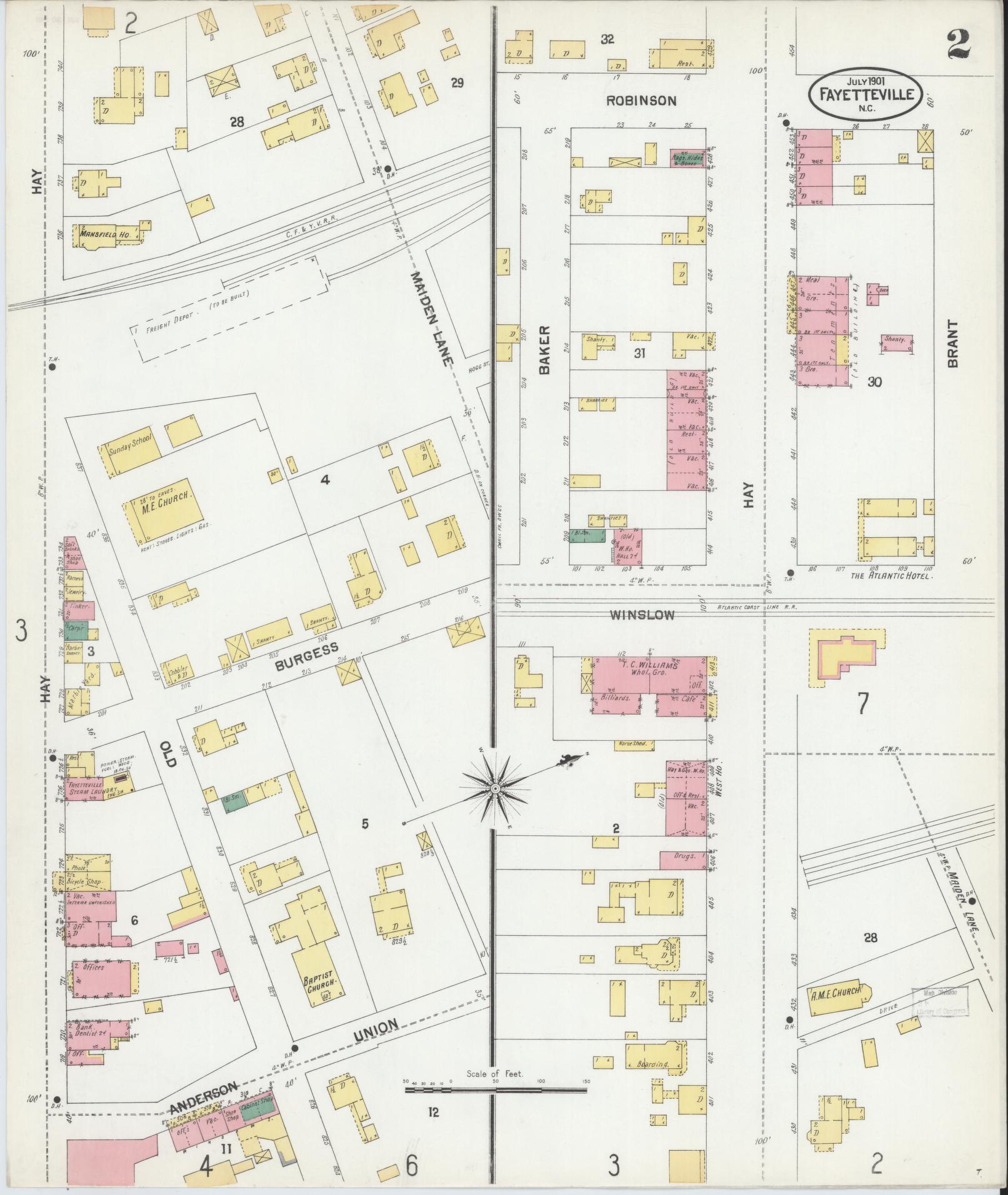 Sanborn Fire Insurance Map from Fayetteville, Cumberland County, North Carolina (1901), Sheet #0002 - Complete Map Set gallery image, historic Sanborn map, vintage wall art, North Carolina North Carolina