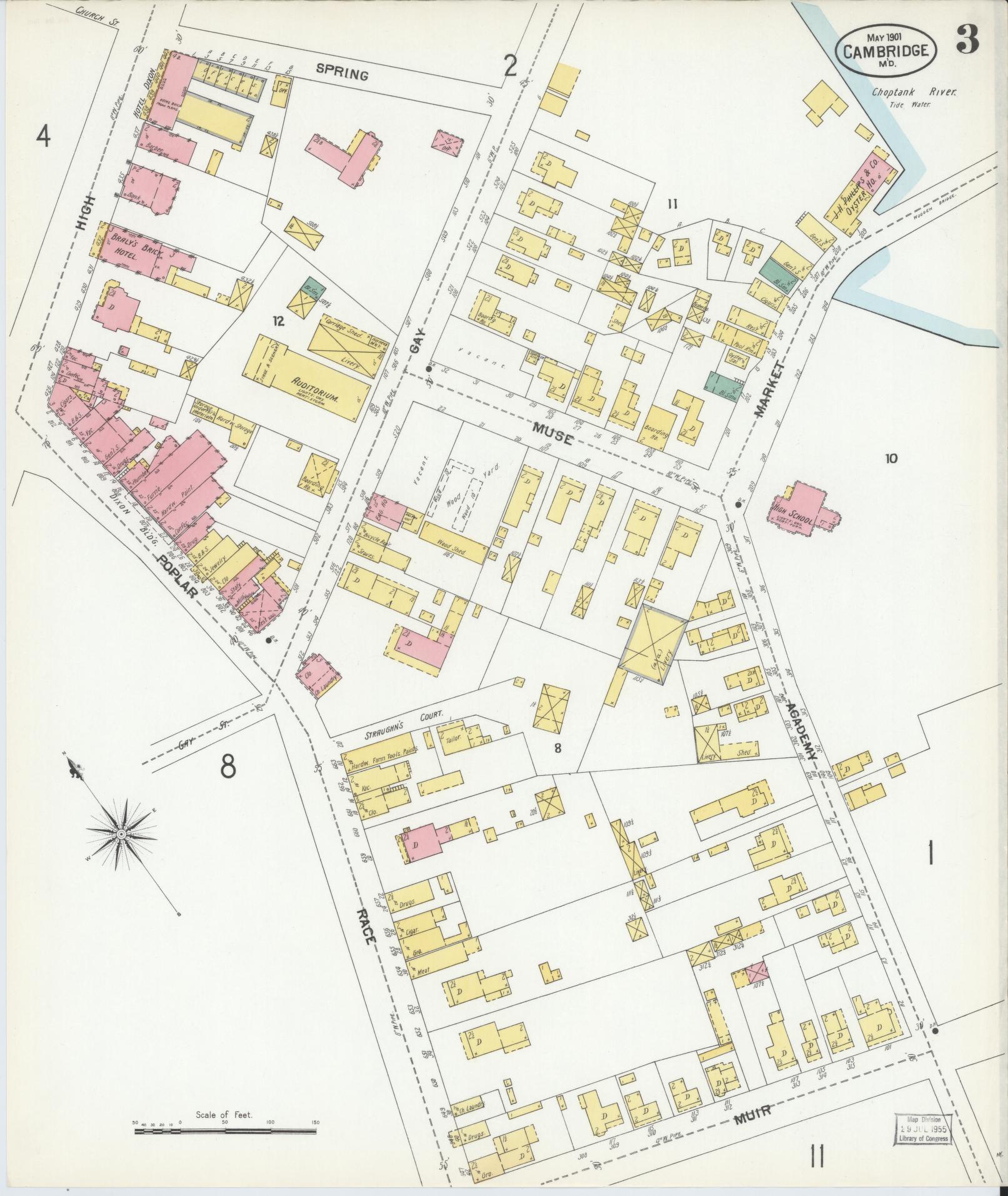Dorchester, Maryland - 1901 - Sanborn Fire Insurance Map, Sheet #0003 - Historic Sanborn Fire Insurance Map Print, Dorchester Maryland 1901 0003 vintage old map wall art