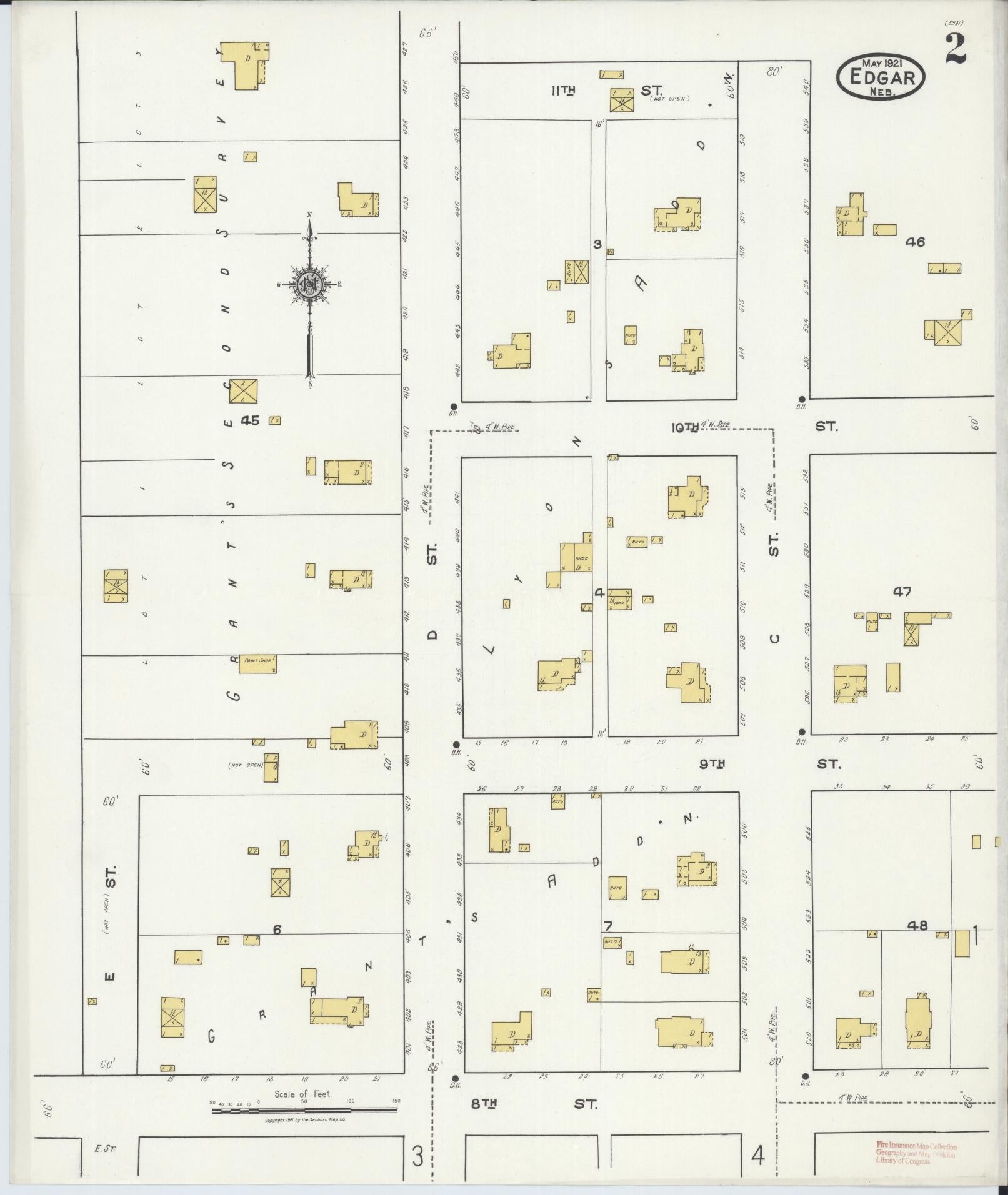Sanborn Fire Insurance Map from Edgar, Clay County, Nebraska (1921), Sheet #0002 - Historic Sanborn Fire Insurance Map Print, vintage old map wall art, antique decor, genealogy gift, Nebraska Nebraska map