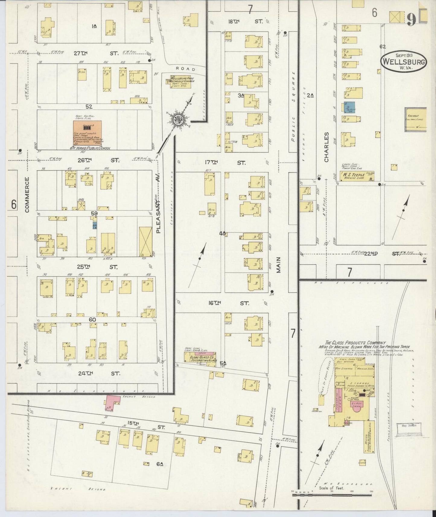 Sanborn Fire Insurance Map from Wellsburg, Brooke County, West Virginia (1913), Sheet #0009 - Historic Sanborn Fire Insurance Map Print, vintage old map wall art, antique decor, genealogy gift, West Virginia West Virginia map
