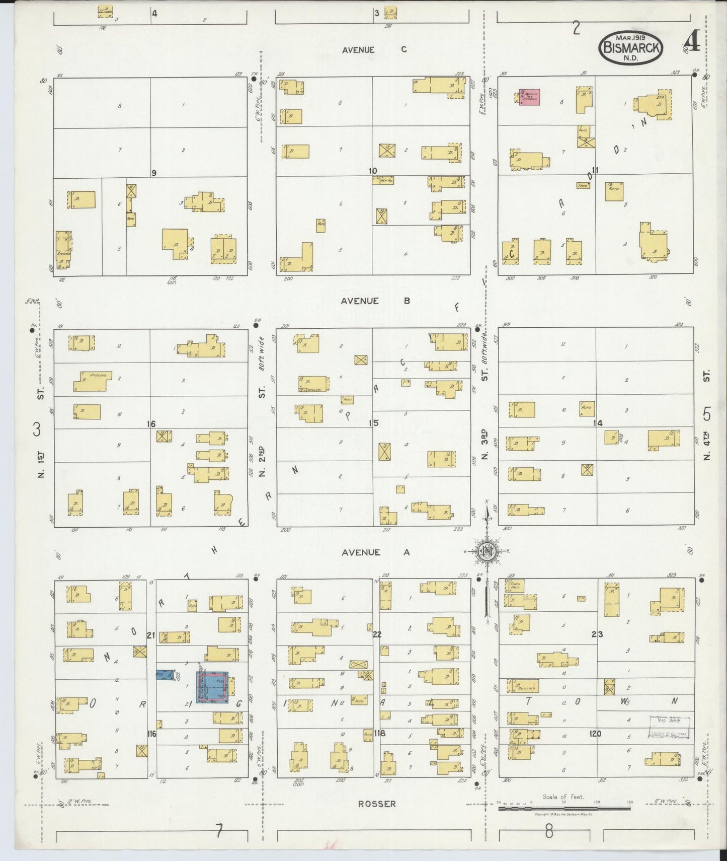 Sanborn Fire Insurance Map from Bismarck, Burleigh County, North Dakota (1919), Sheet #0004 - Complete Map Set gallery image, historic Sanborn map, vintage wall art, North Dakota North Dakota