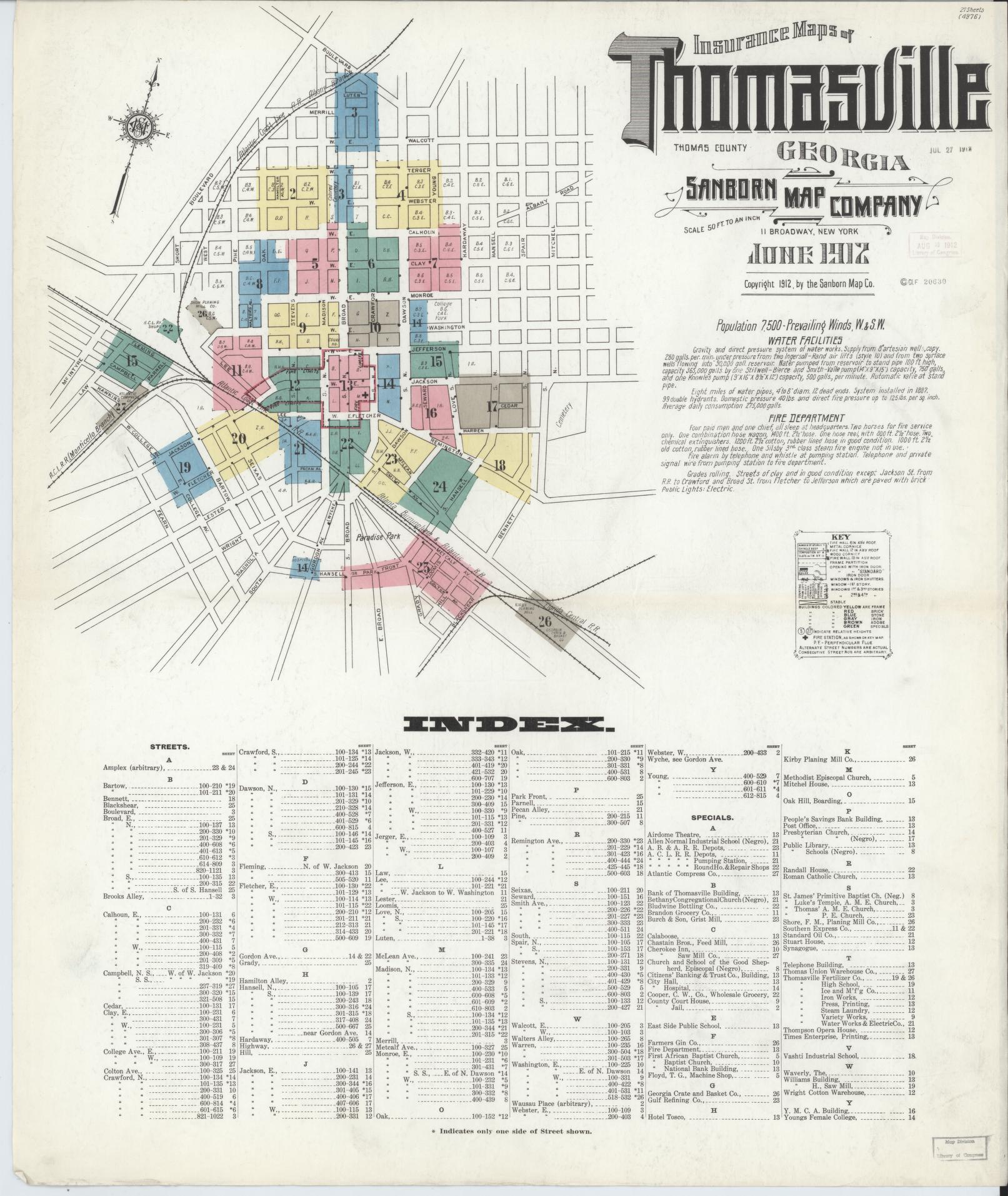 Sanborn Fire Insurance Map from Thomasville, Thomas County, Georgia (1912), Sheet #0001 - Historic Sanborn Fire Insurance Map Print, vintage old map wall art, antique decor, genealogy gift, Georgia Georgia map