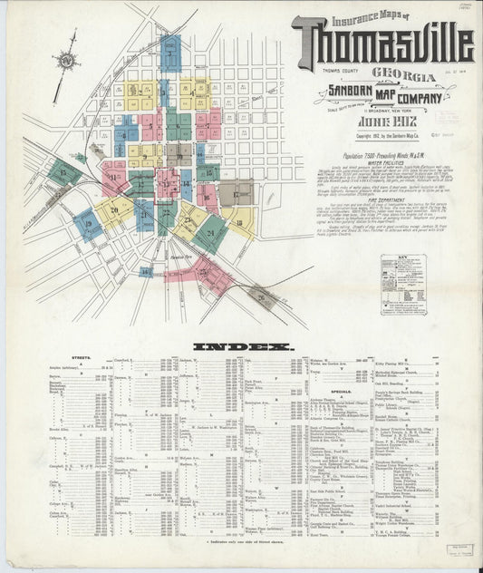 Sanborn Fire Insurance Map from Thomasville, Thomas County, Georgia (1912), Sheet #0001 - Historic Sanborn Fire Insurance Map Print, vintage old map wall art, antique decor, genealogy gift, Georgia Georgia map