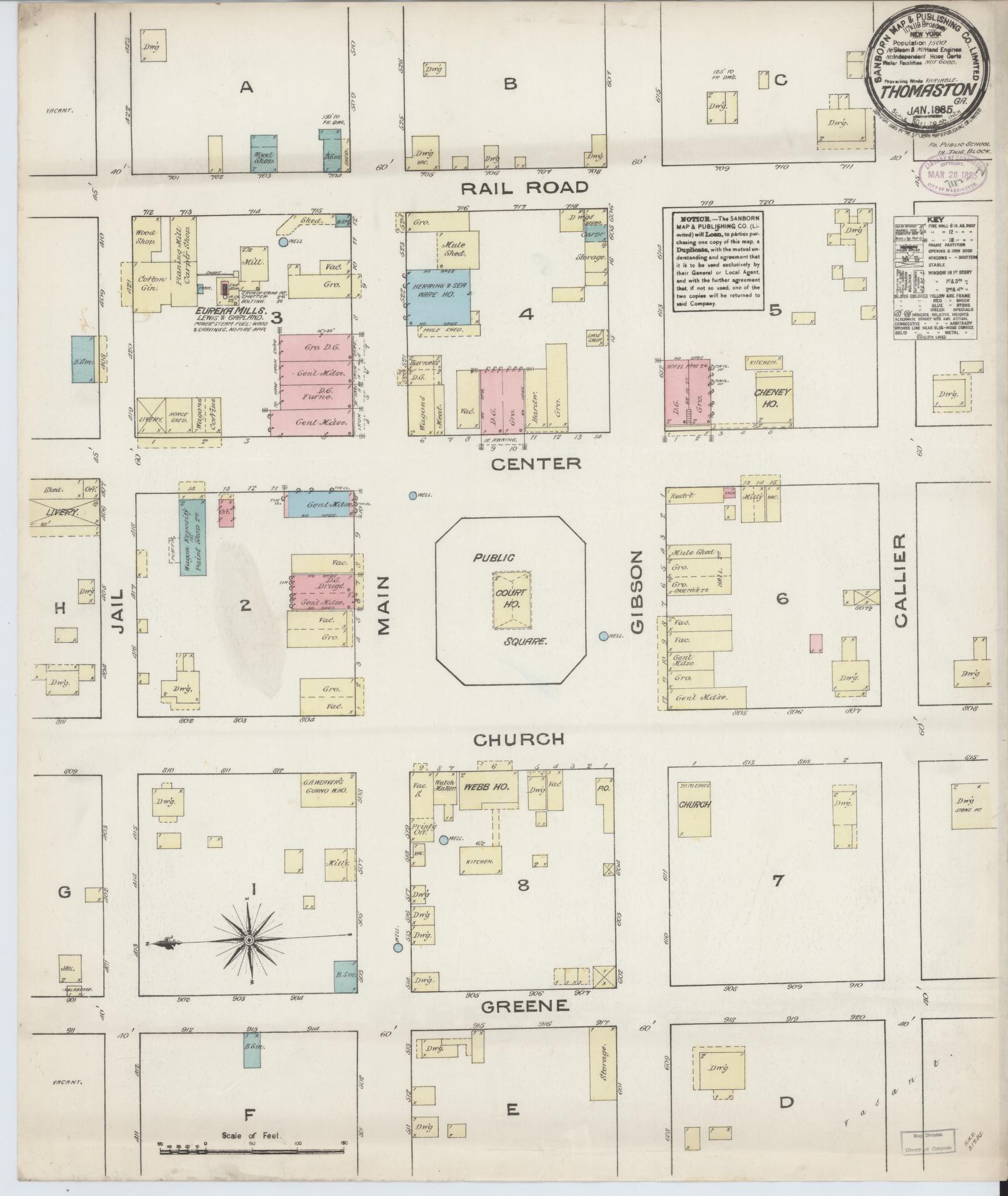 Sanborn Fire Insurance Map from Thomaston, Upson County, Georgia (1885), Sheet #0001 - Historic Sanborn Fire Insurance Map Print, vintage old map wall art, antique decor, genealogy gift, Georgia Georgia map