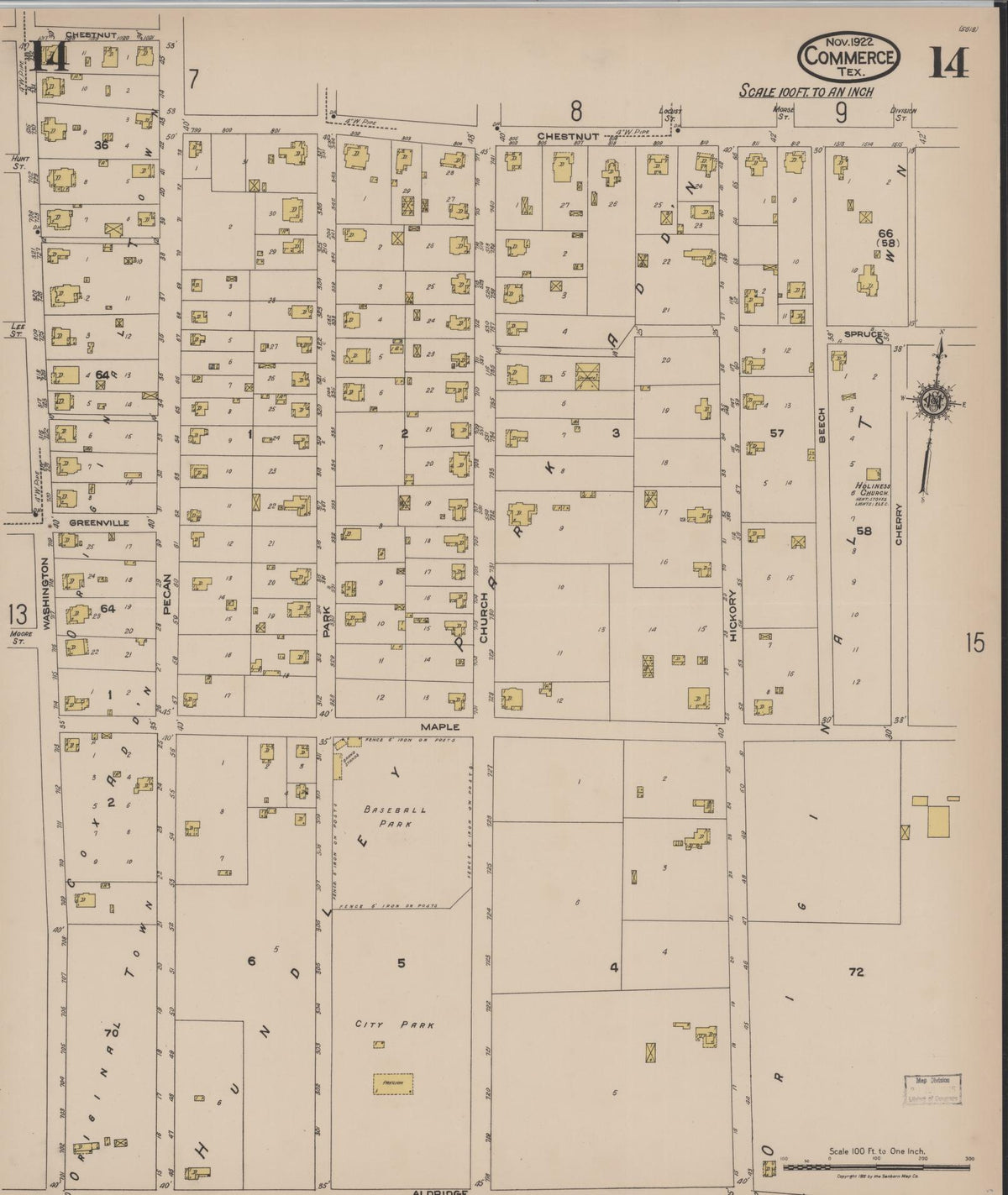 Sanborn Fire Insurance Map from Commerce, Hunt County, Texas (1922), Sheet #0014 - Complete Map Set gallery image, historic Sanborn map, vintage wall art, Texas Texas