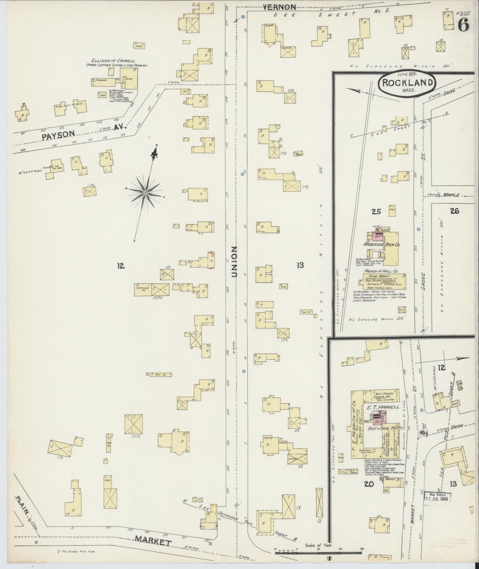 Sanborn Fire Insurance Map from Rockland, Plymouth County, Massachusetts (1891), Sheet #0006 - Complete Map Set gallery image, historic Sanborn map, vintage wall art, Massachusetts Massachusetts