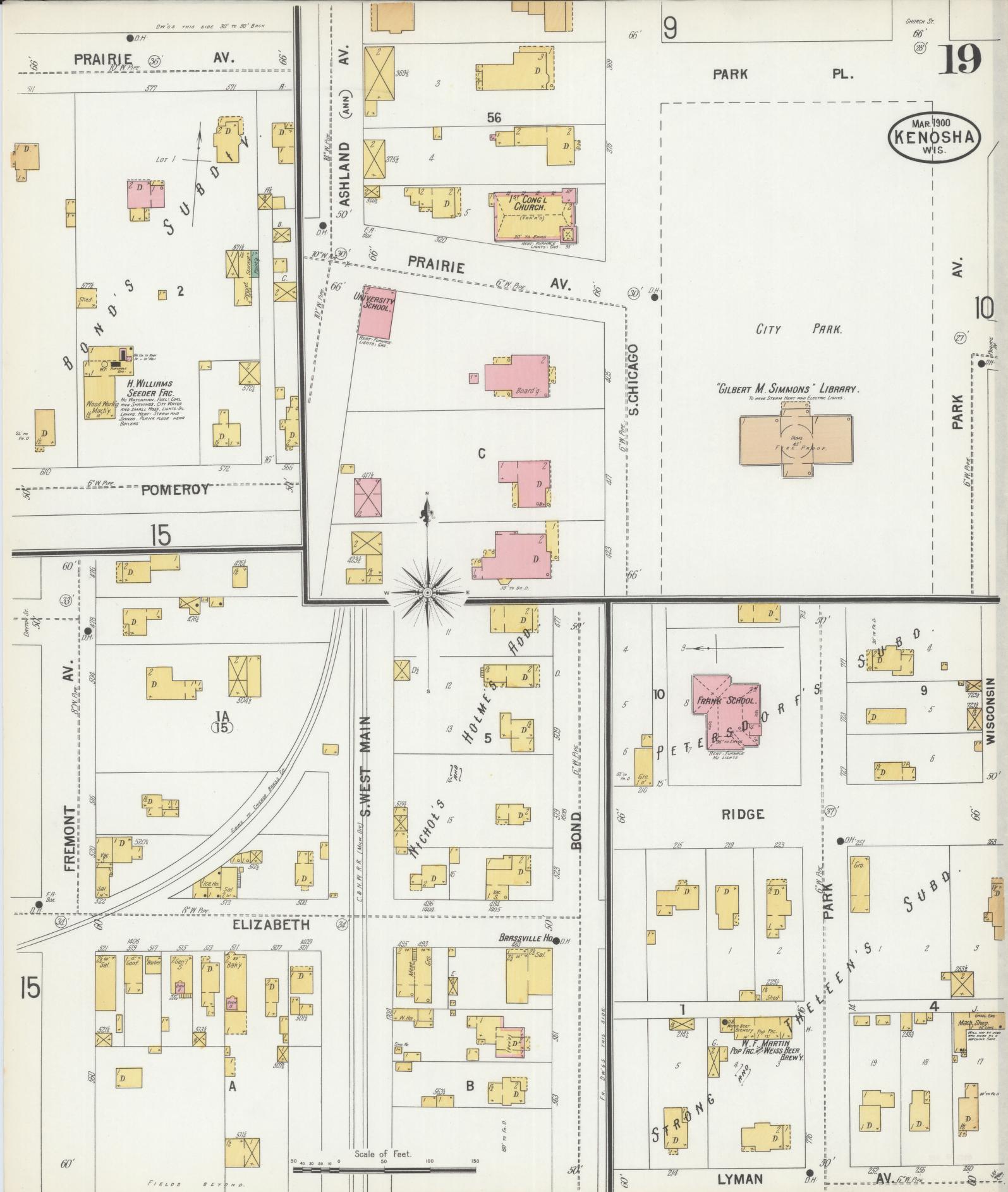 Sanborn Fire Insurance Map from Kenosha, Kenosha County, Wisconsin (1900), Sheet #0019 - Historic Sanborn Fire Insurance Map Print, vintage old map wall art, antique decor, genealogy gift, Wisconsin Wisconsin map