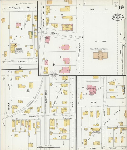 Sanborn Fire Insurance Map from Kenosha, Kenosha County, Wisconsin (1900), Sheet #0019 - Historic Sanborn Fire Insurance Map Print, vintage old map wall art, antique decor, genealogy gift, Wisconsin Wisconsin map