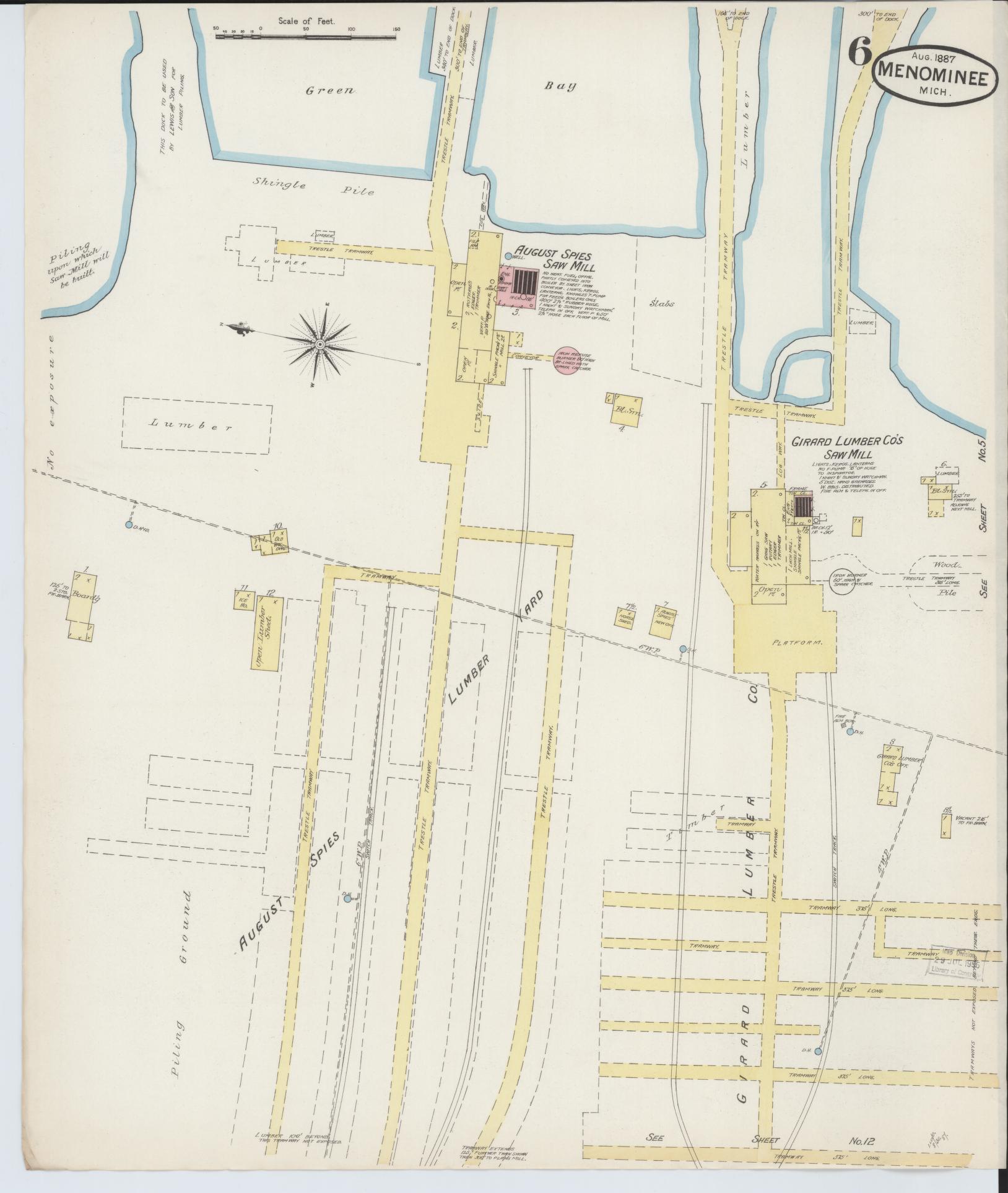 Sanborn Fire Insurance Map from Menominee, Menominee County, Michigan (1887), Sheet #0006 - Complete Map Set gallery image, historic Sanborn map, vintage wall art, Michigan Michigan