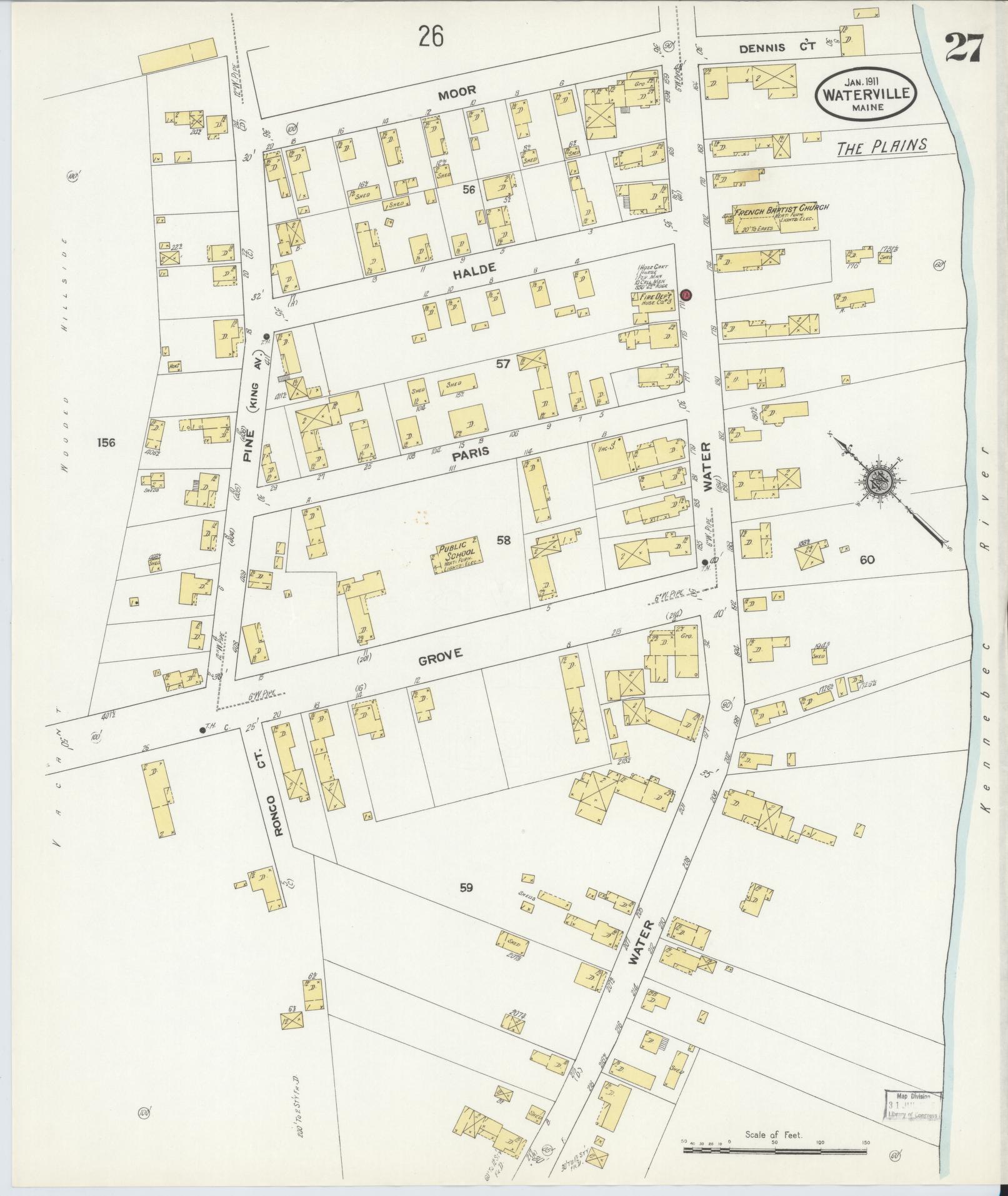 Sanborn Fire Insurance Map from Waterville, Kennebec County, Maine (1911), Sheet #0027 - Complete Map Set gallery image, historic Sanborn map, vintage wall art, Maine Maine