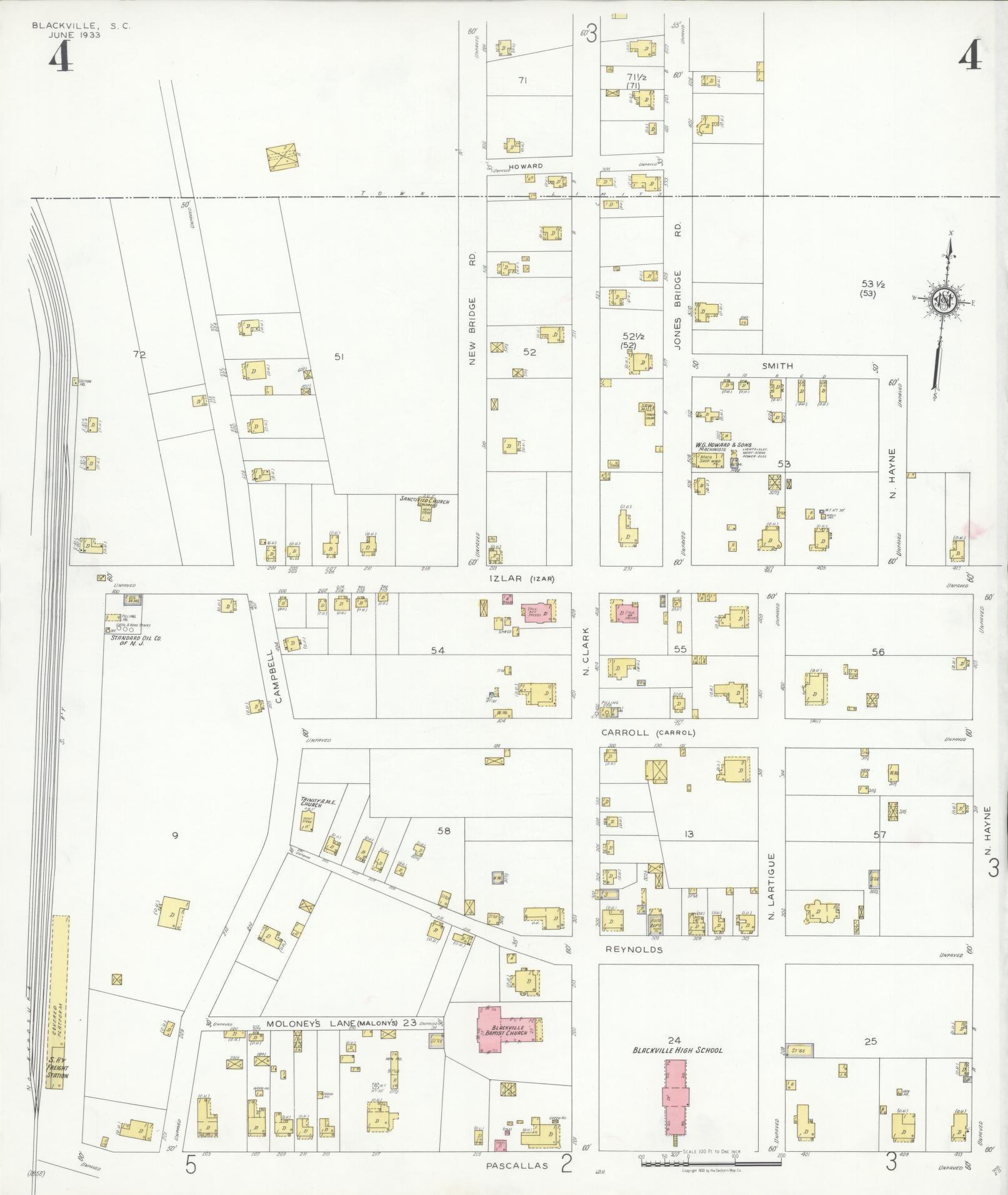 Sanborn Fire Insurance Map from Blackville, Barnwell County, South Carolina (1933), Sheet #0004 - Historic Sanborn Fire Insurance Map Print, vintage old map wall art, antique decor, genealogy gift, South Carolina South Carolina map