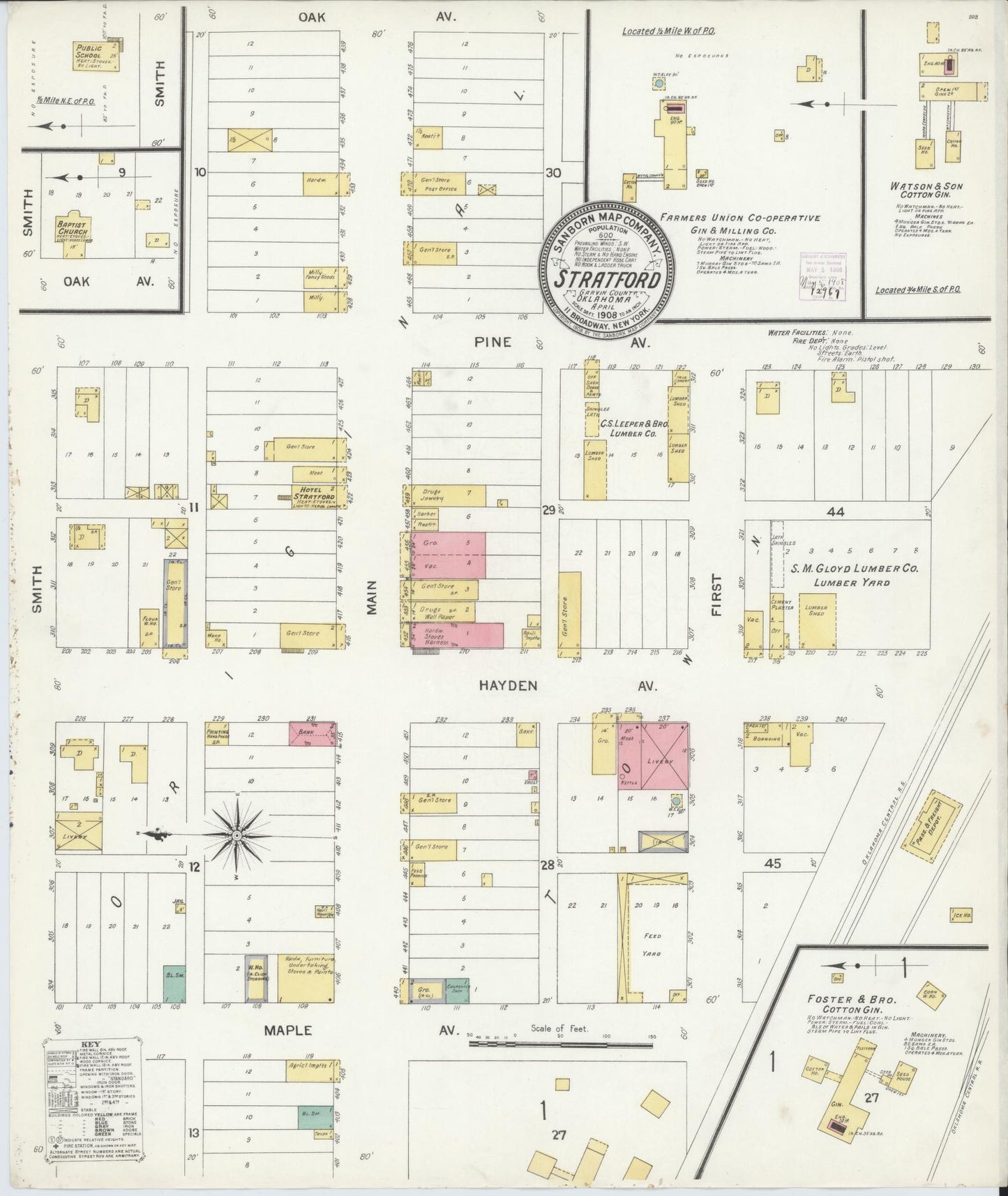 Sanborn Fire Insurance Map from Stratford, Garvin County, Oklahoma (1908), Sheet #0001 - Historic Sanborn Fire Insurance Map Print, vintage old map wall art, antique decor, genealogy gift, Oklahoma Oklahoma map