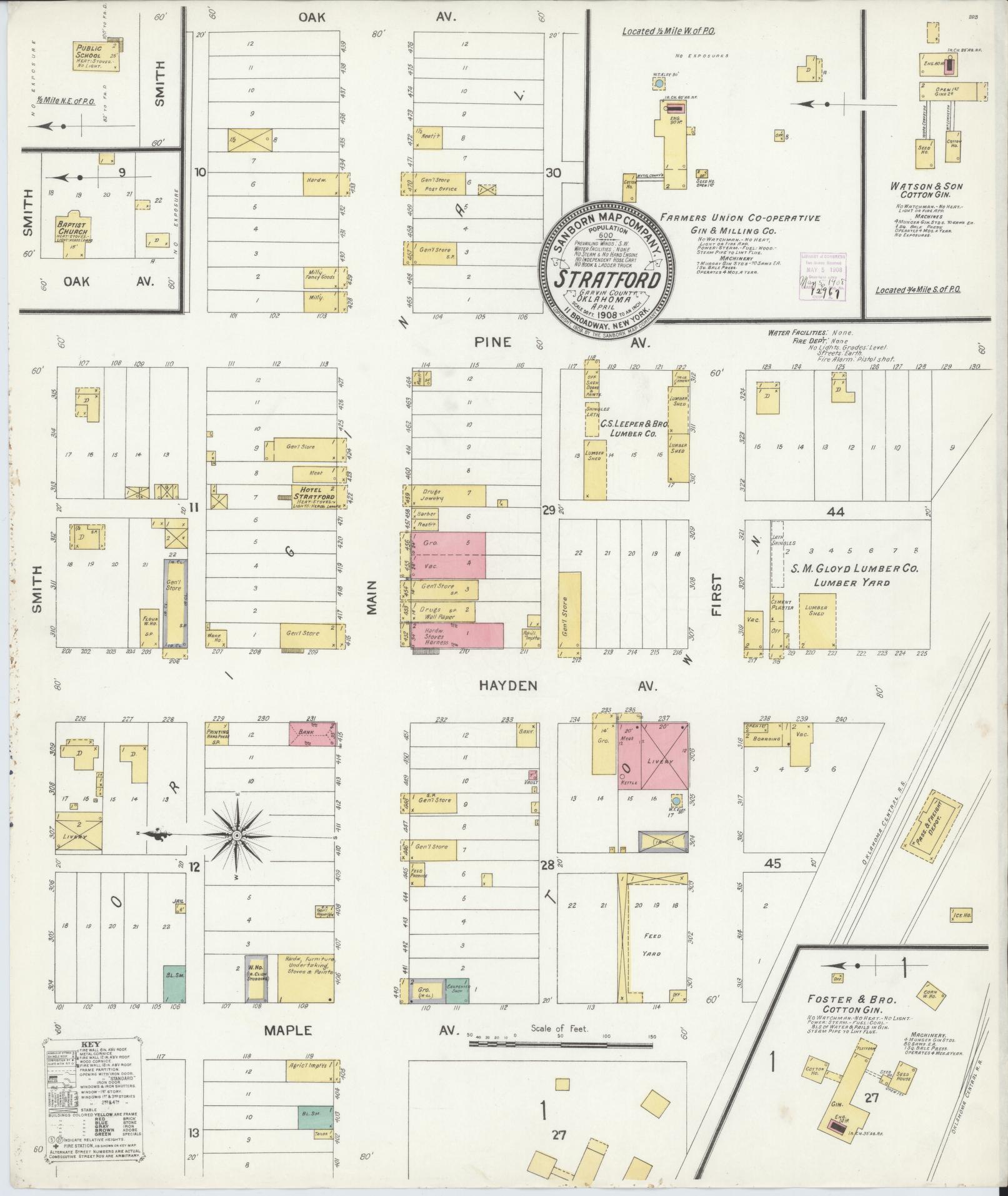 Sanborn Fire Insurance Map from Stratford, Garvin County, Oklahoma (1908), Sheet #0001 - Historic Sanborn Fire Insurance Map Print, vintage old map wall art, antique decor, genealogy gift, Oklahoma Oklahoma map