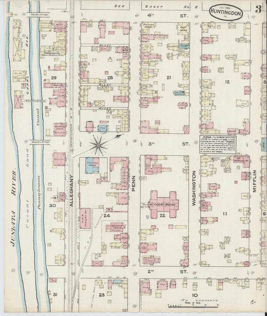 Sanborn Fire Insurance Map from Huntingdon, Huntingdon County, Pennsylvania (1884), Sheet #0003 - Historic Sanborn Fire Insurance Map Print, vintage old map wall art, antique decor, genealogy gift, Pennsylvania Pennsylvania map