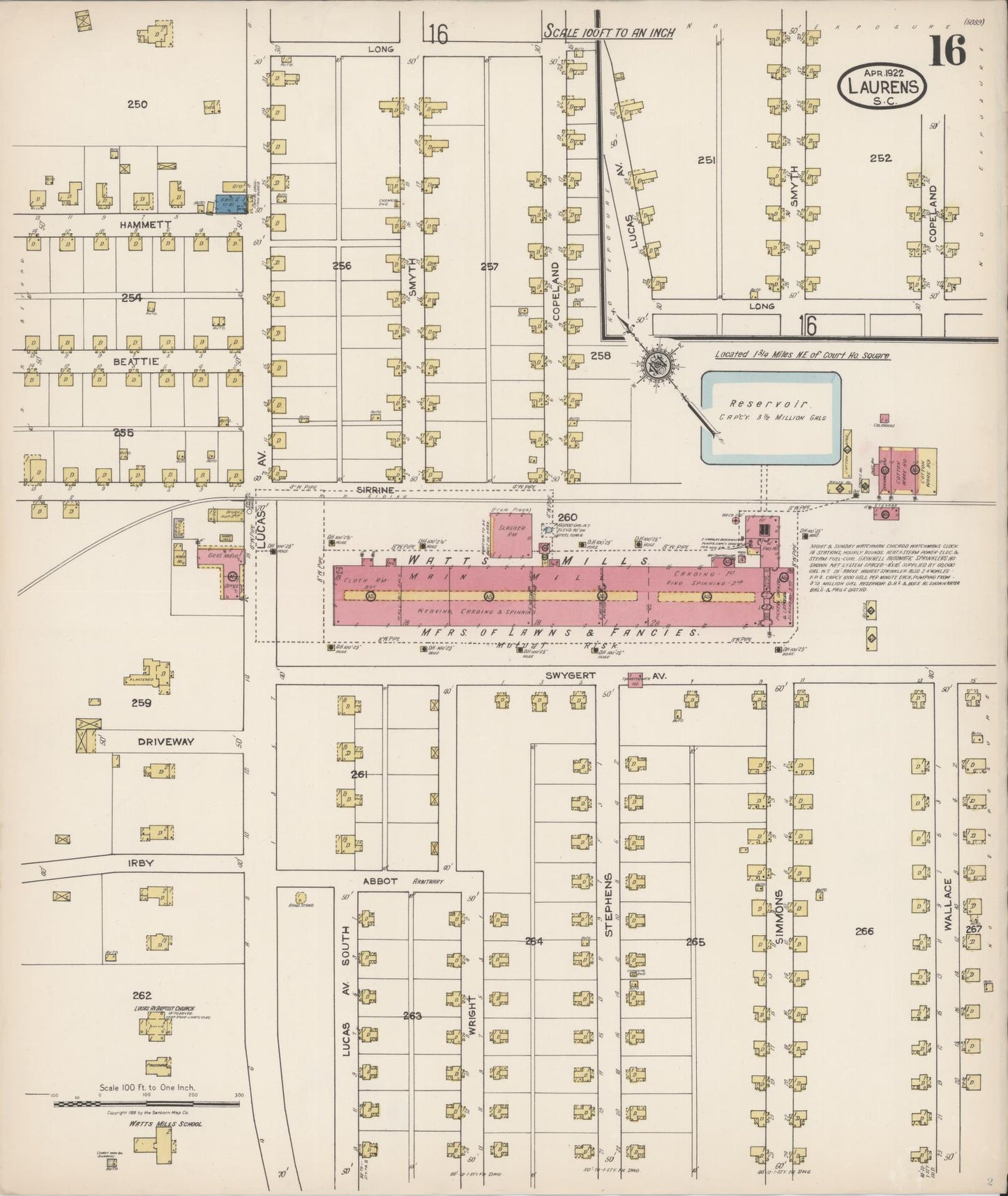 Sanborn Fire Insurance Map from Laurens, Laurens County, South Carolina (1922), Sheet #0016 - Historic Sanborn Fire Insurance Map Print, vintage old map wall art, antique decor, genealogy gift, South Carolina South Carolina map
