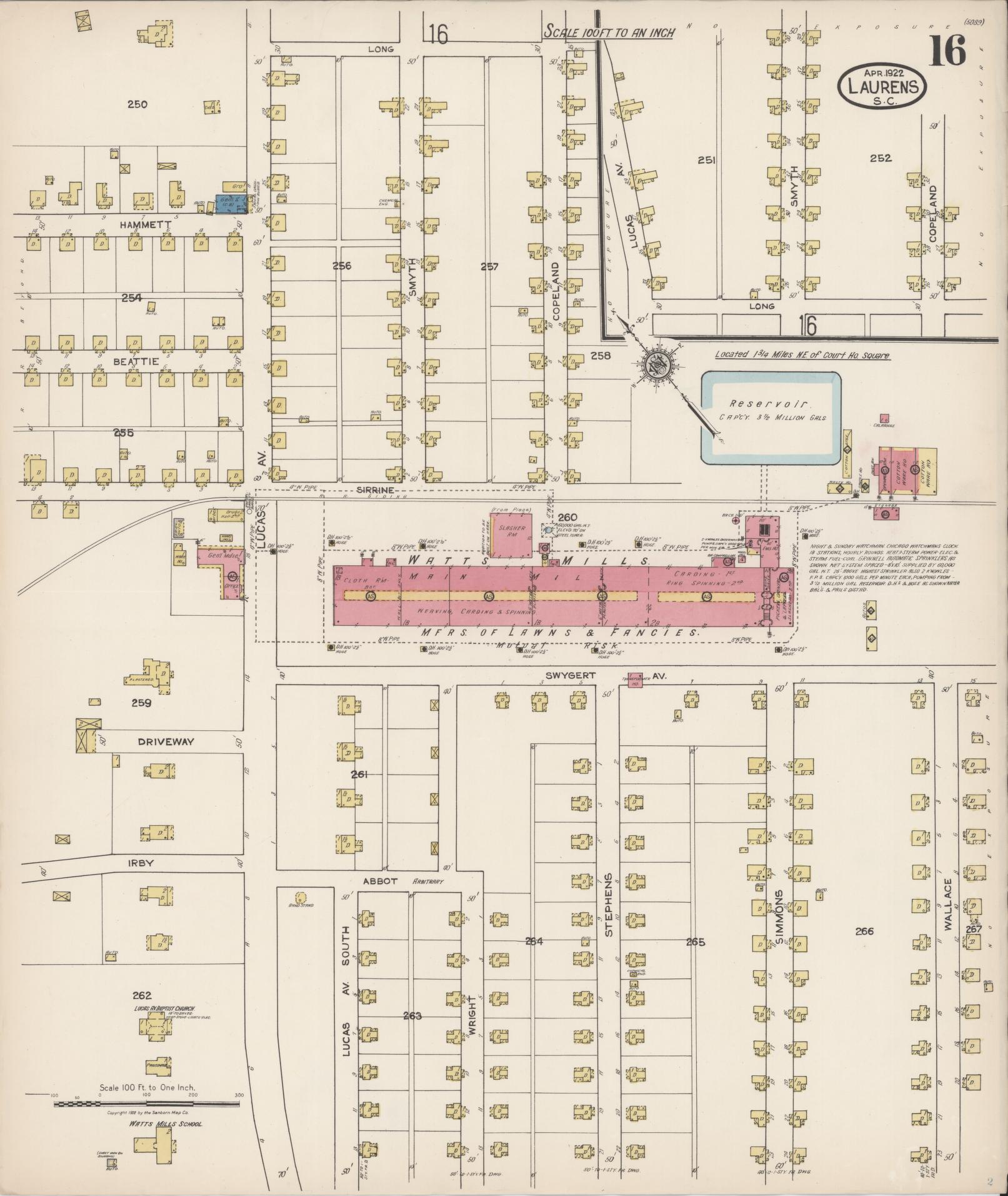 Sanborn Fire Insurance Map from Laurens, Laurens County, South Carolina (1922), Sheet #0016 - Historic Sanborn Fire Insurance Map Print, vintage old map wall art, antique decor, genealogy gift, South Carolina South Carolina map