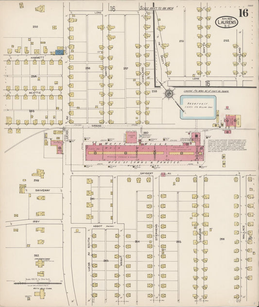 Sanborn Fire Insurance Map from Laurens, Laurens County, South Carolina (1922), Sheet #0016 - Historic Sanborn Fire Insurance Map Print, vintage old map wall art, antique decor, genealogy gift, South Carolina South Carolina map