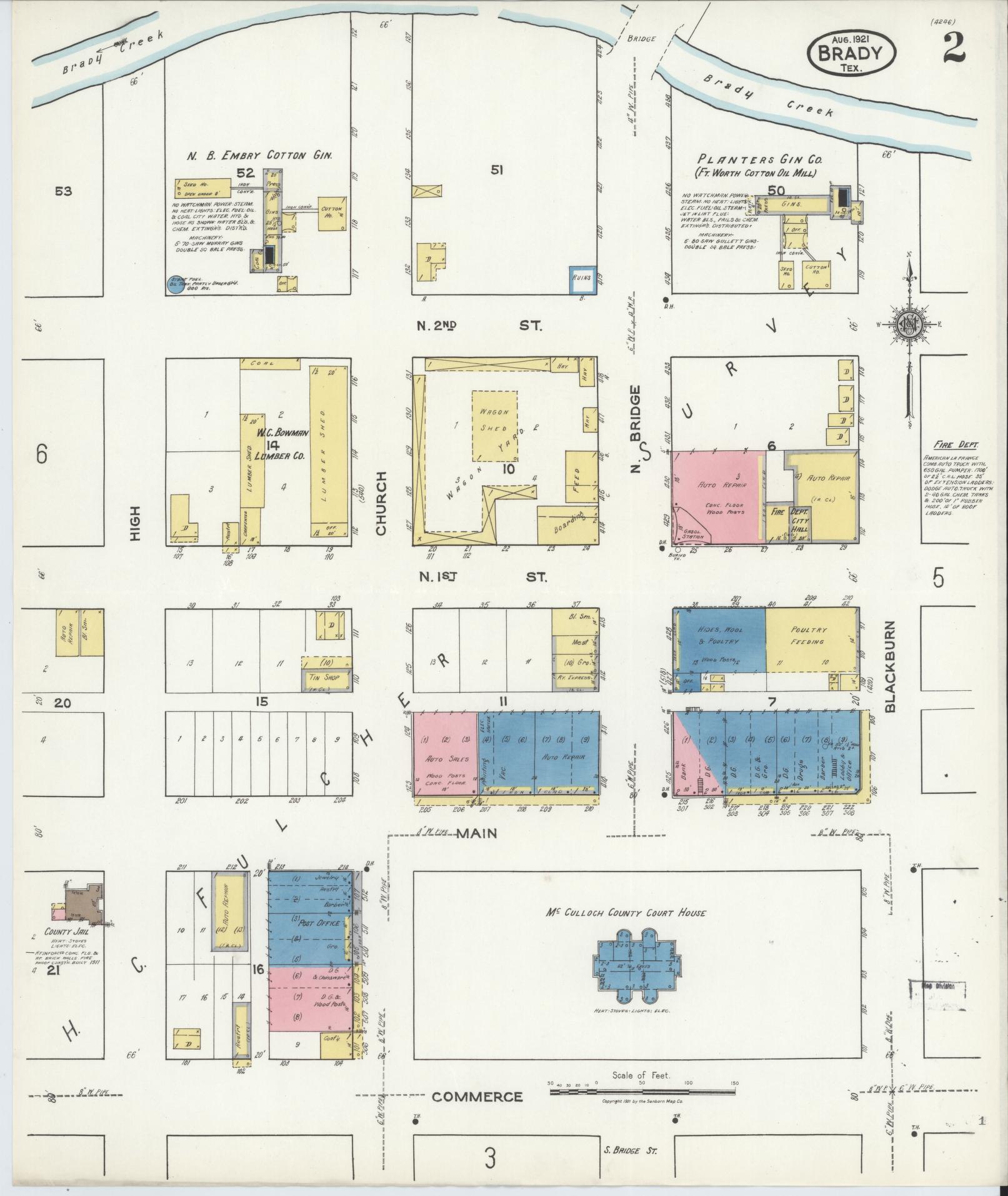 Sanborn Fire Insurance Map from Brady, McCulloch County, Texas (1921), Sheet #0002 - Historic Sanborn Fire Insurance Map Print, vintage old map wall art, antique decor, genealogy gift, Texas Texas map