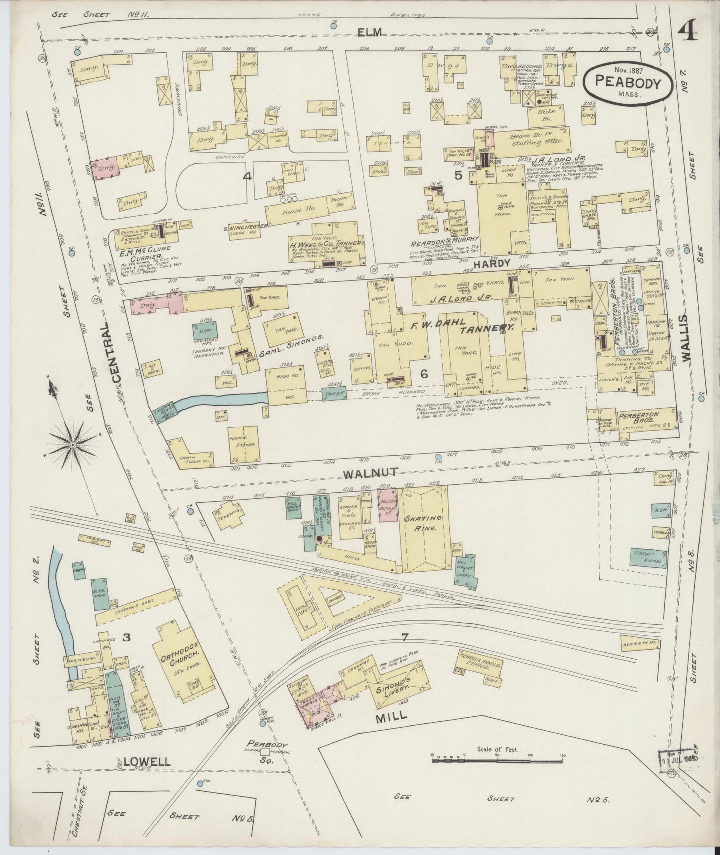 Sanborn Fire Insurance Map from Peabody, Essex County, Massachusetts (1887), Sheet #0004 - Historic Sanborn Fire Insurance Map Print, vintage old map wall art, antique decor, genealogy gift, Massachusetts Massachusetts map