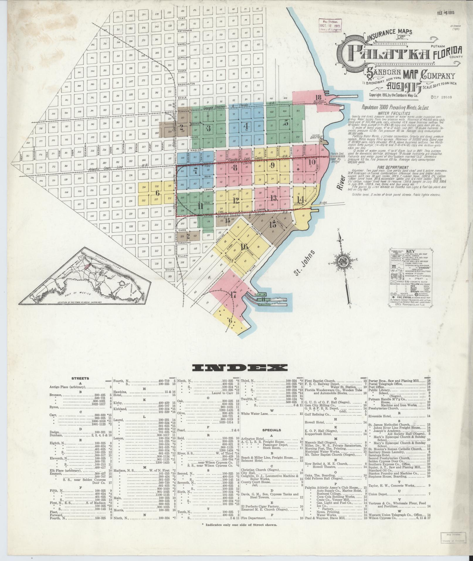 Sanborn Fire Insurance Map from Palatka, Putnam County, Florida (1915), Sheet #0001 - Historic Sanborn Fire Insurance Map Print, vintage old map wall art, antique decor, genealogy gift, Florida Florida map
