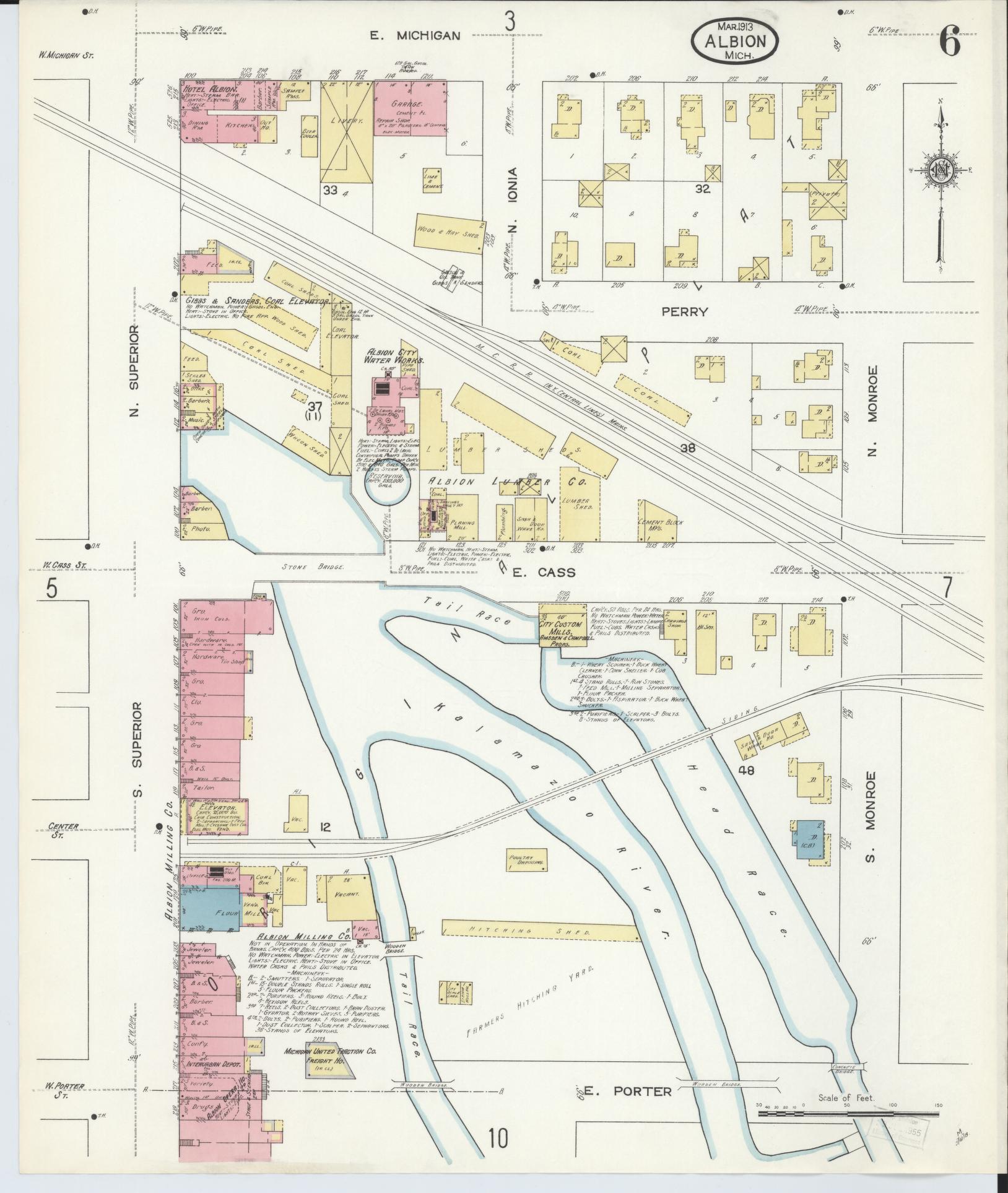 Sanborn Fire Insurance Map from Albion, Calhoun County, Michigan (1913), Sheet #0006 - Historic Sanborn Fire Insurance Map Print, vintage old map wall art, antique decor, genealogy gift, Michigan Michigan map