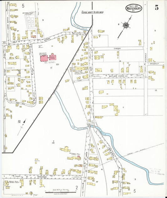 Sanborn Fire Insurance Map from Waterbury, Washington County, Vermont (1919), Sheet #0005 - Historic Sanborn Fire Insurance Map Print, vintage old map wall art, antique decor, genealogy gift, Vermont Vermont map
